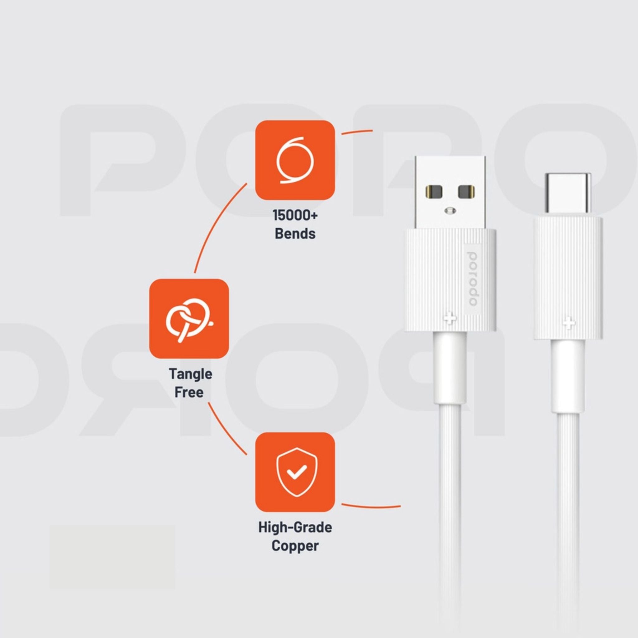 Porodo USB-A to USB-C PVC Cable, 480Mbps Transfer Speed, more than 15000 Bends Life Span, 1.2m Cable length, Tangle Free - White