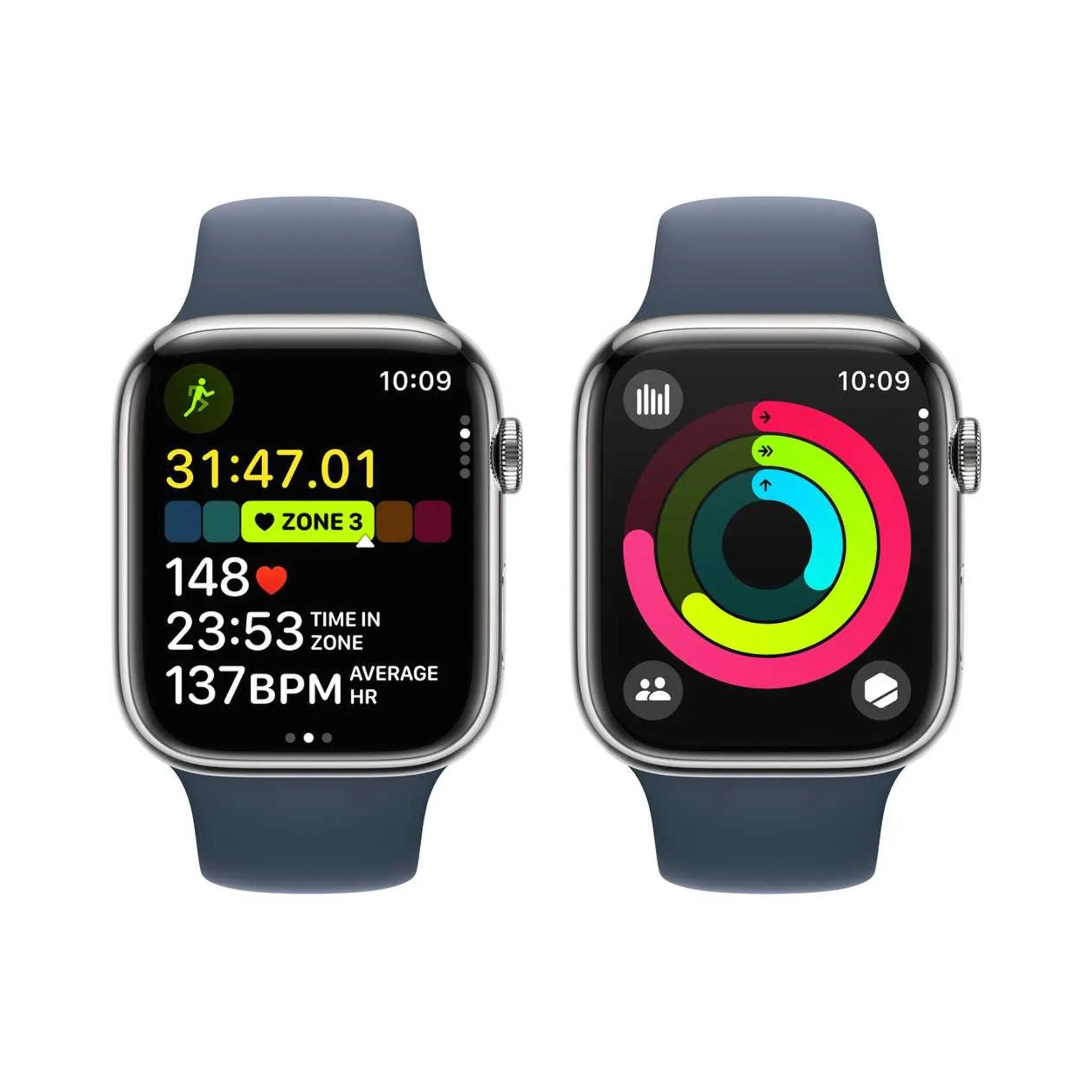 Apple Watch Series 9 GPS + Cellular 41mm Silver Stainless Steel Case With Storm Blue Sport Band