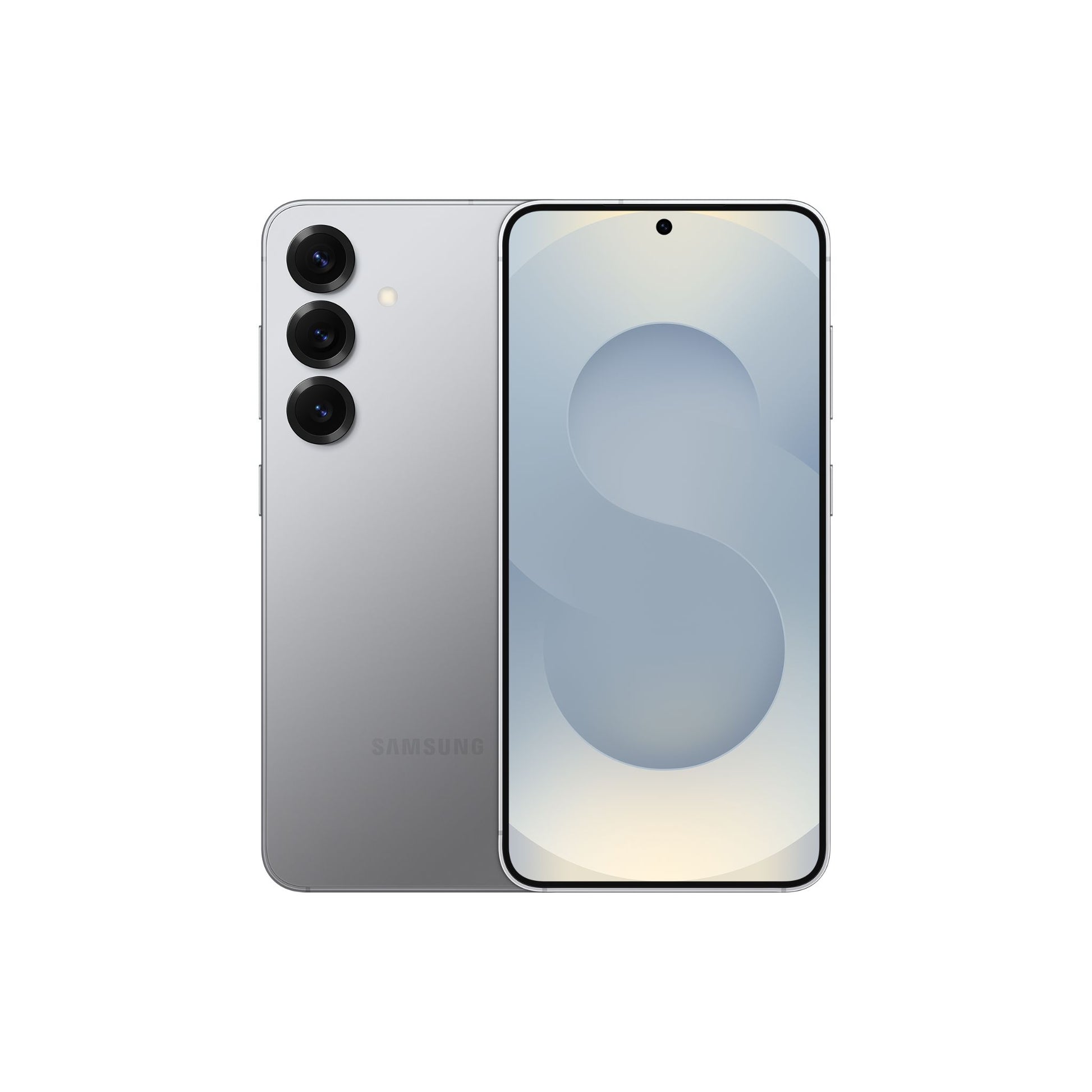 SAMSUNG Galaxy S25 smartphone in silver color, displaying its front screen and rear camera setup.
