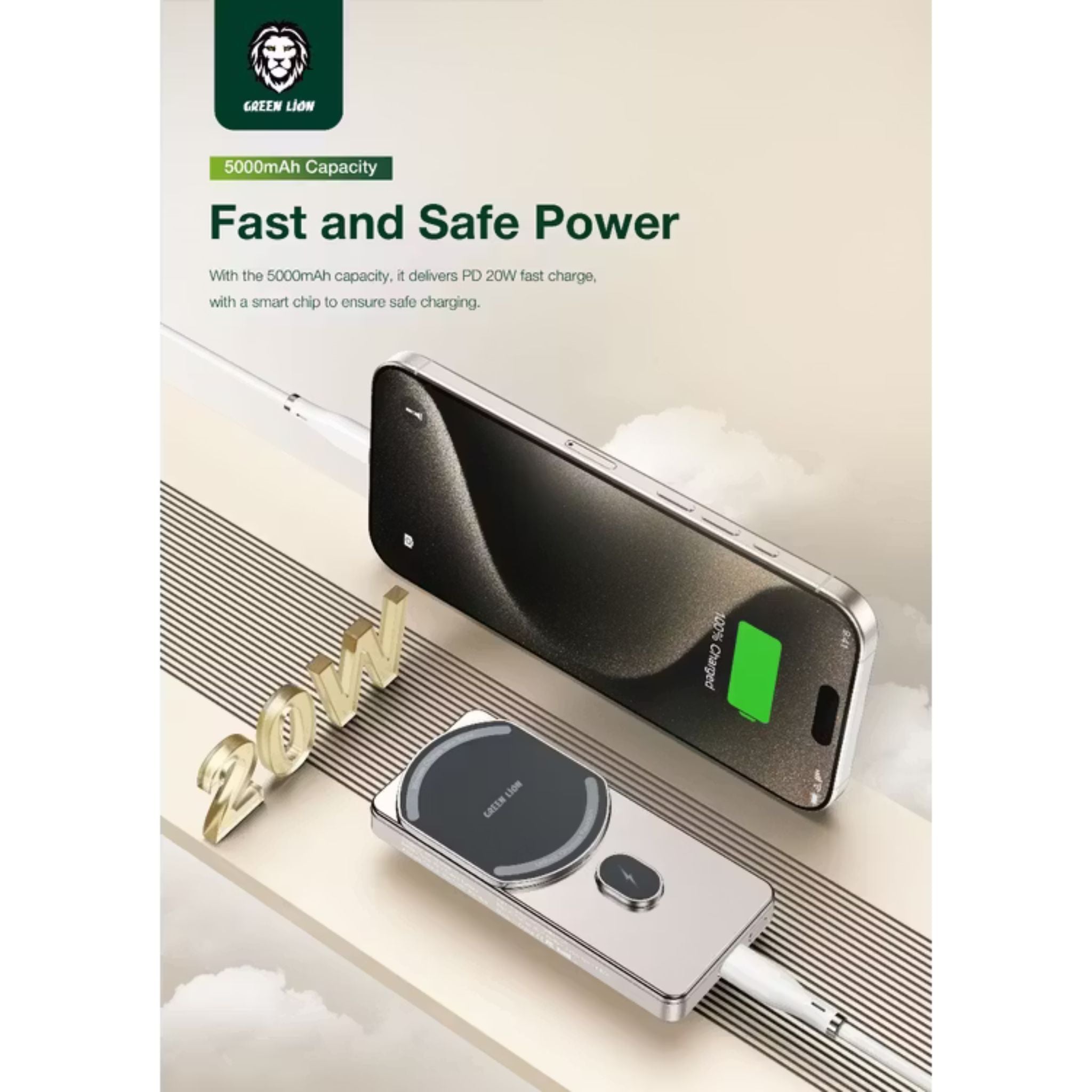 Green Lion 10000mAh Milton Power Bank, MagSafe Compatible, 15W Wireless Charging, LED Charge Indicator, Pure Cobalt Battery, Strong Magnets, Type-C Input Interface - Desert Titanium