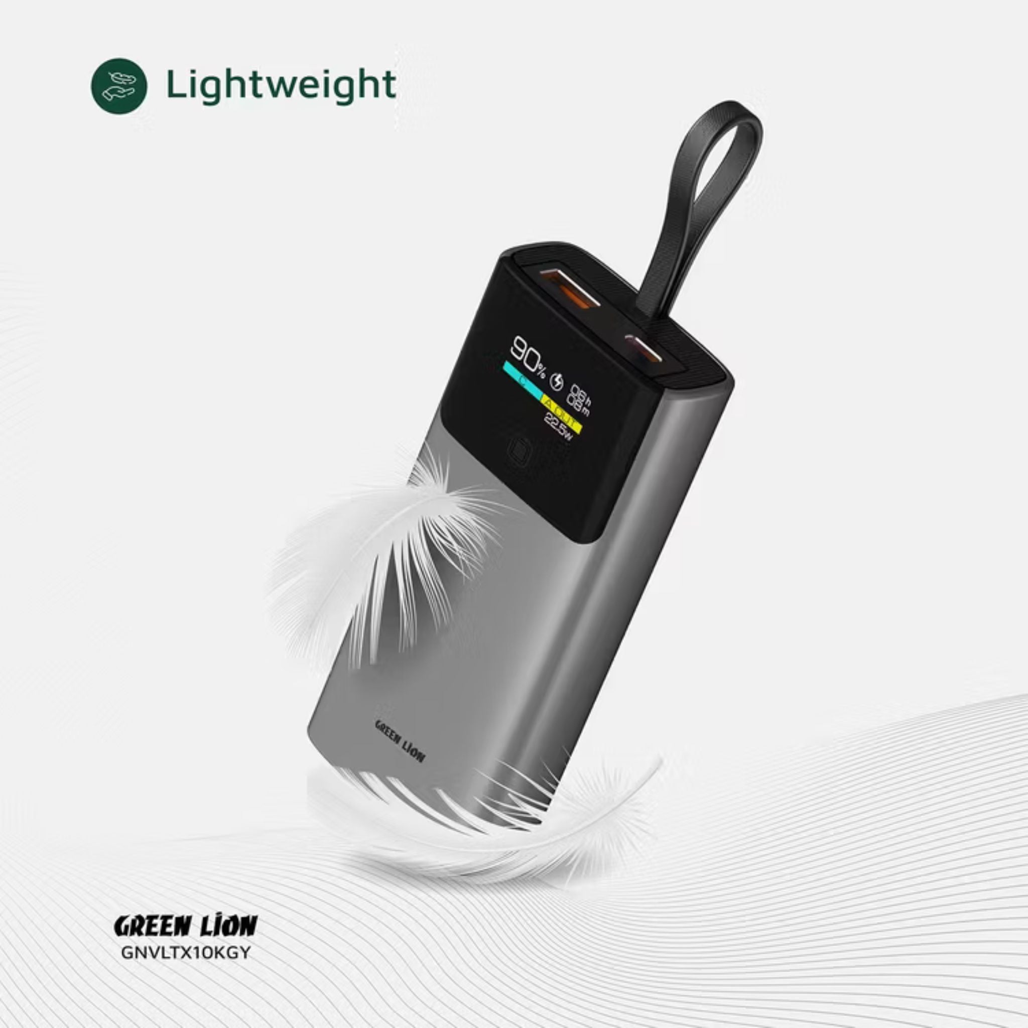 Green Lion Voltix 10000mAh Power Bank with TFT Display, Exquisite Appearance, Type-C Cable Strap, Fast Charging, Lightweight Design, 22.5W Total Output - Gray