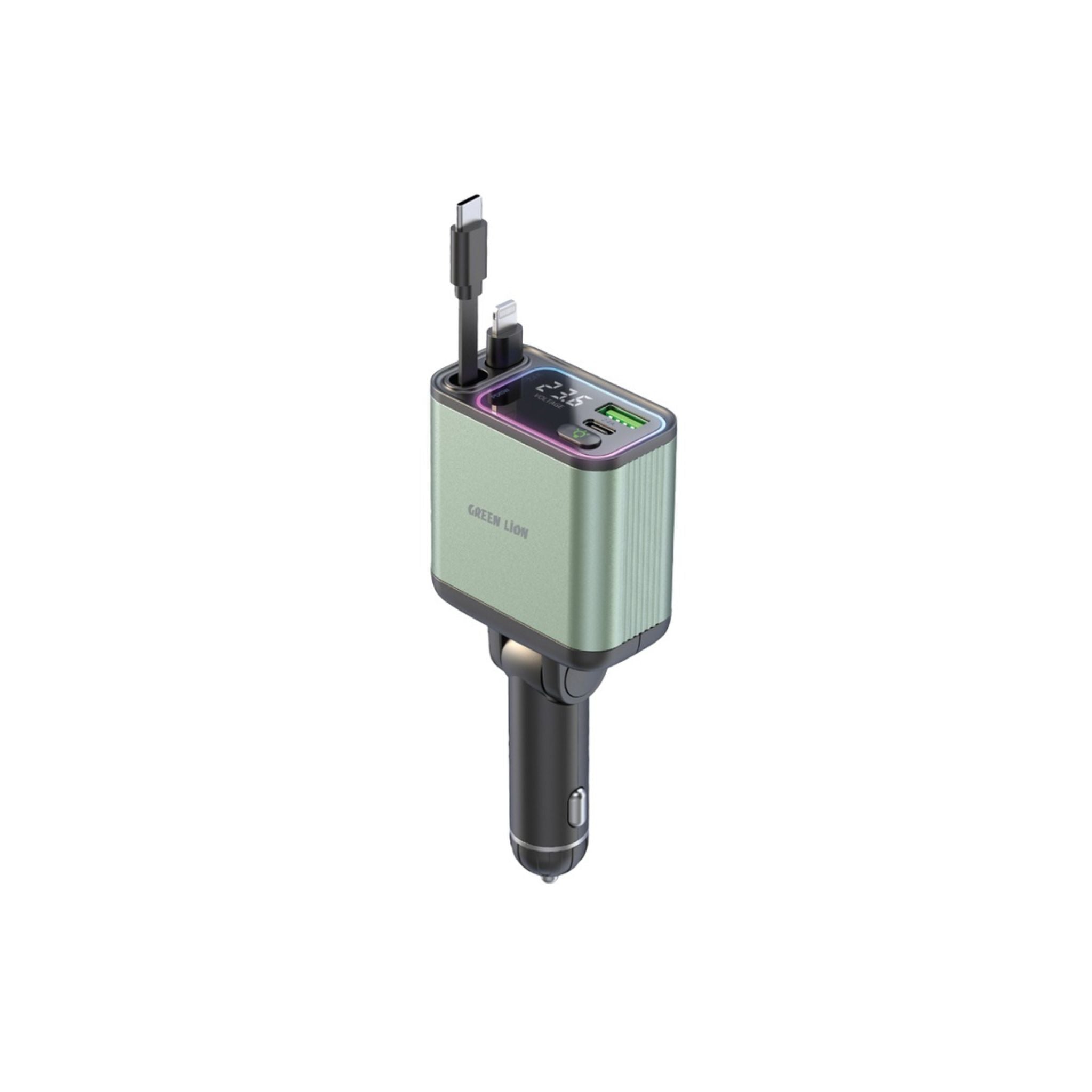 A Green Lion Retractable 90W Car Charger with a digital display, multiple protection features, and an 80cm cable. It is primarily green with a black section and a multicolor ambient light around the digital display.