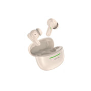 White wireless earbuds with charging case on a white background