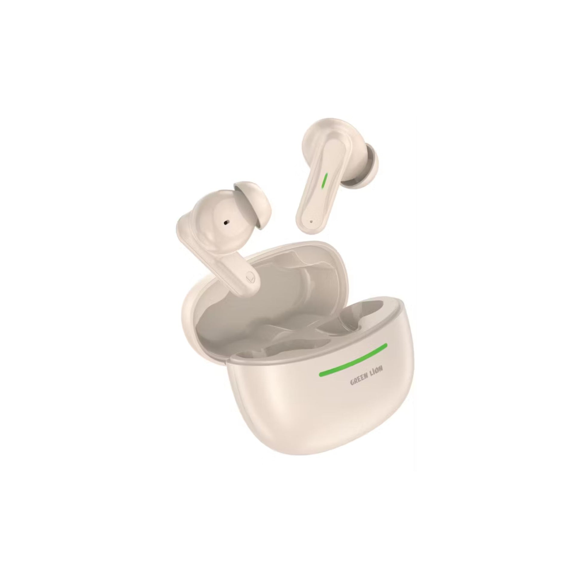 White wireless earbuds with charging case on a white background