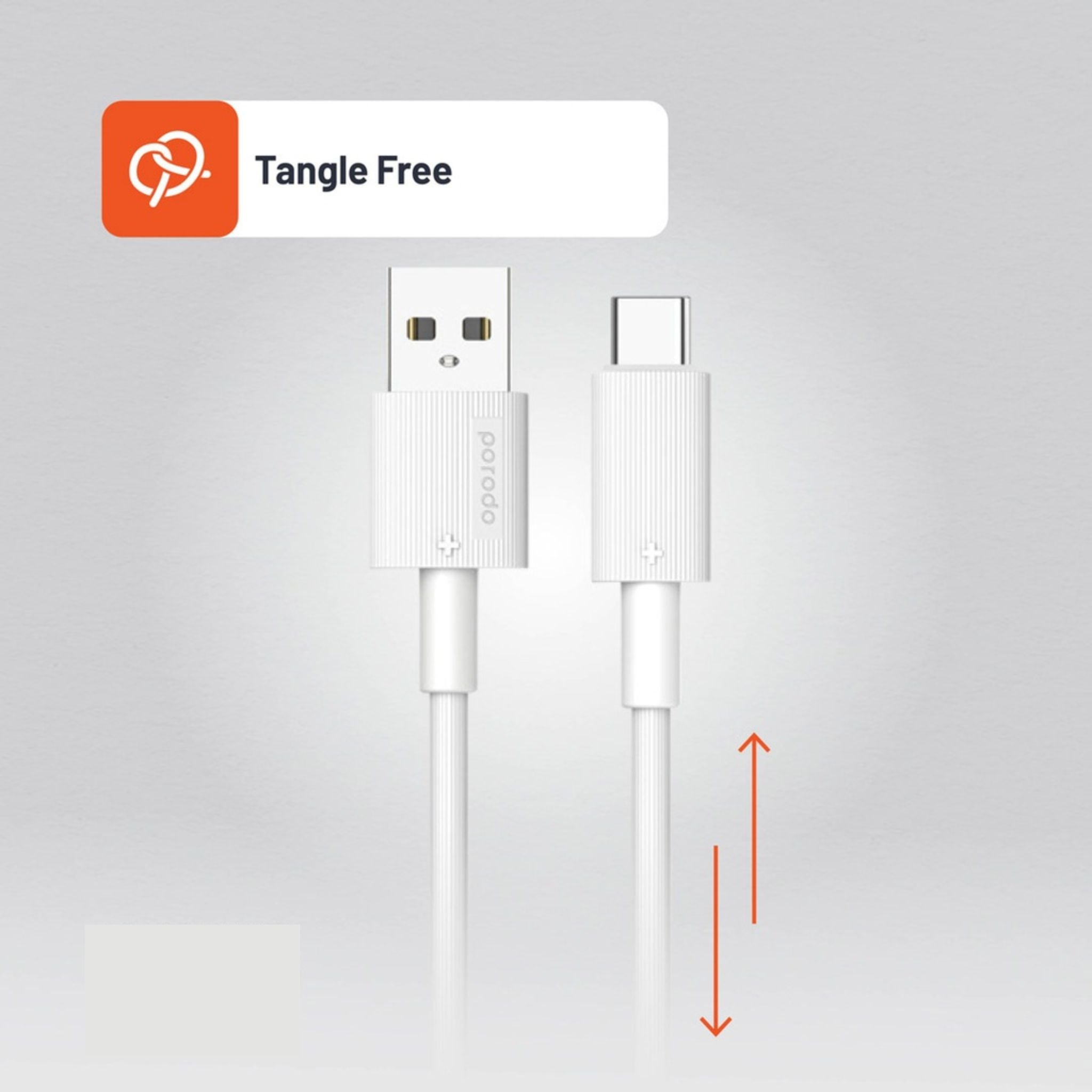 Porodo USB-A to USB-C PVC Cable, 480Mbps Transfer Speed, more than 15000 Bends Life Span, 1.2m Cable length, Tangle Free - White