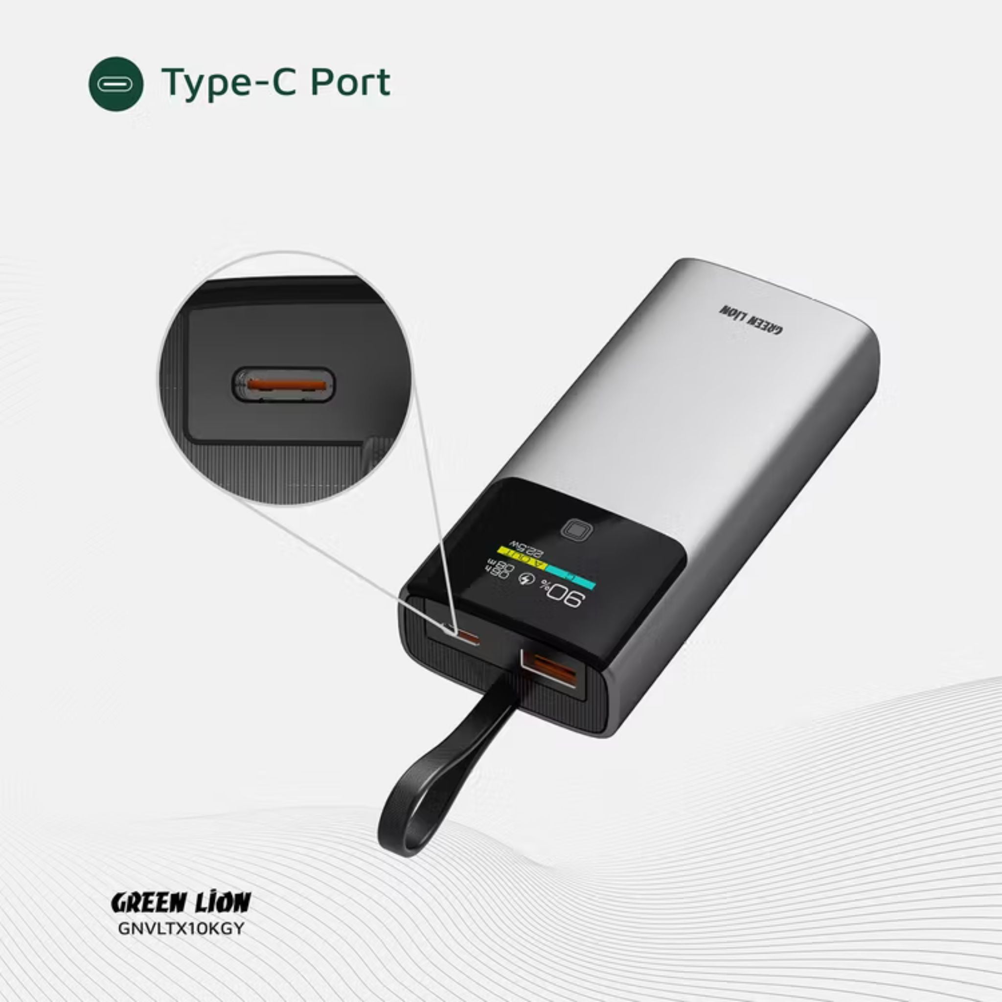 Green Lion Voltix 10000mAh Power Bank with TFT Display, Exquisite Appearance, Type-C Cable Strap, Fast Charging, Lightweight Design, 22.5W Total Output - Gray