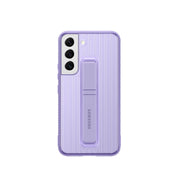 A Samsung Galaxy S22 smartphone in lavender color with a protective standing cover.