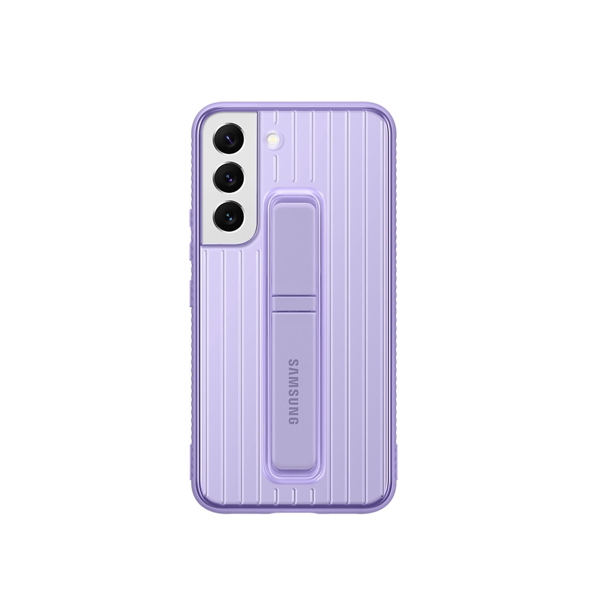 A Samsung Galaxy S22 smartphone in lavender color with a protective standing cover.