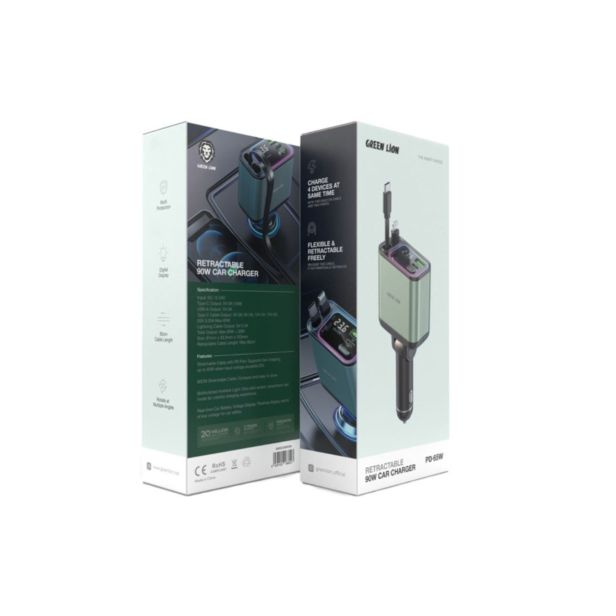 Green Lion Retractable 90W Car Charger with 80cm Retractable Cable, Digital Display, Charge 4 Devices at Same Time, Digital Display - Green