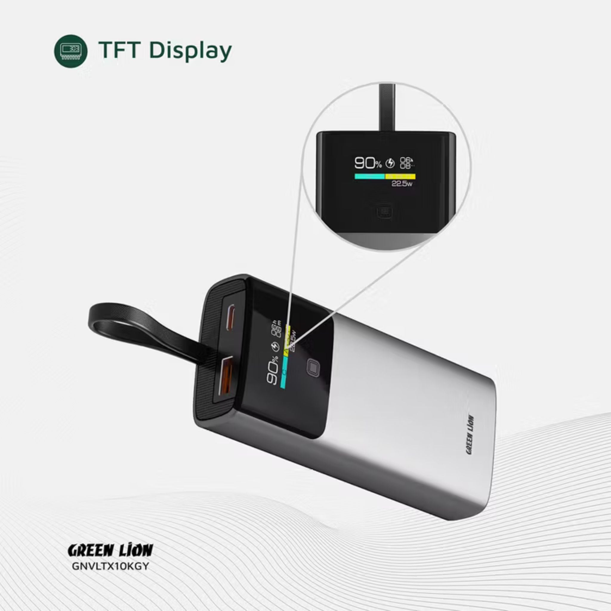 Green Lion Voltix 10000mAh Power Bank with TFT Display, Exquisite Appearance, Type-C Cable Strap, Fast Charging, Lightweight Design, 22.5W Total Output - Gray