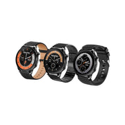 A collection of four smart watches with round dials, three of which have a black band and one with a brown band. Each watch has a different strap type: silicone, leather, stainless steel, and fabric.