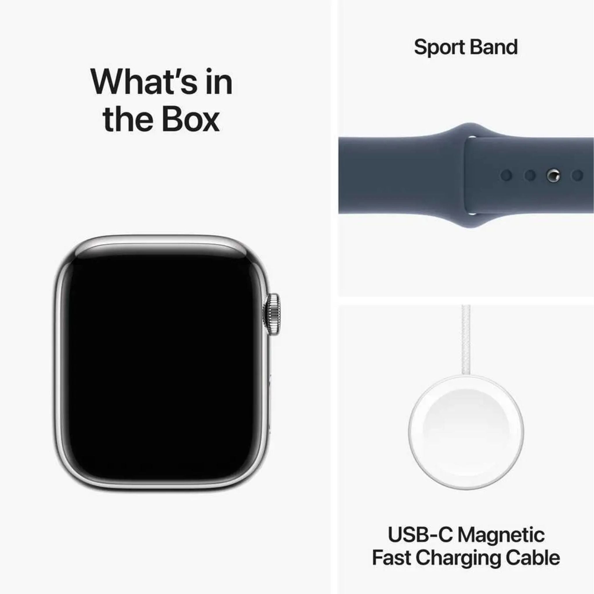 Apple Watch Series 9 GPS + Cellular 41mm Silver Stainless Steel Case With Storm Blue Sport Band