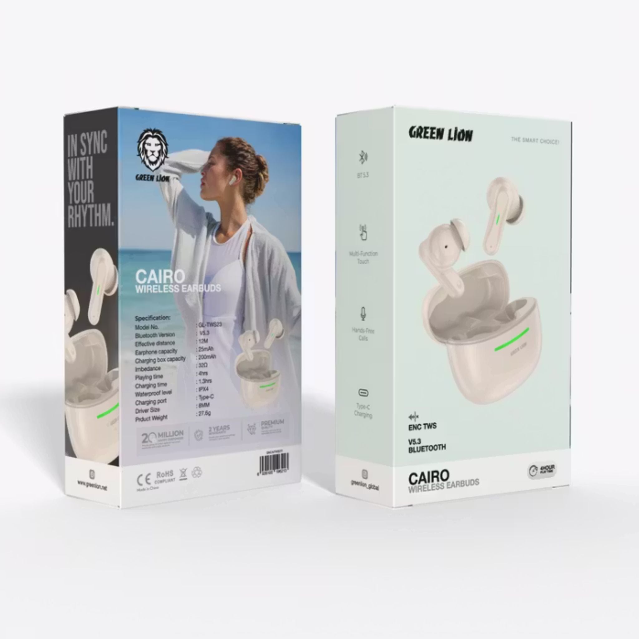 Green Lion Cairo Wireless Earbuds with ENC & TWS Technology, 4 Hours Playtime, Type-C Charging Port, Bluetooth Version 5.3, IPX4 Water Resistance Level, Hands-Free Calls, Multifunction Touch - Desert Titanium