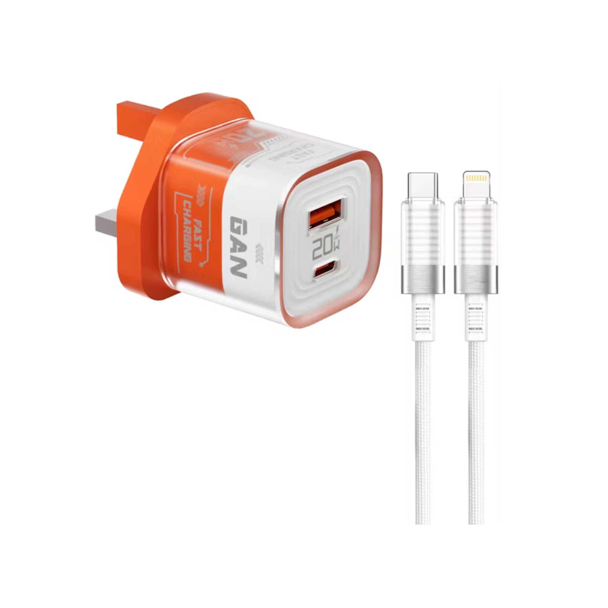 White and orange USB charger with two cables on a white background