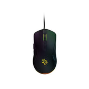 Black gaming mouse with a logo on a white background