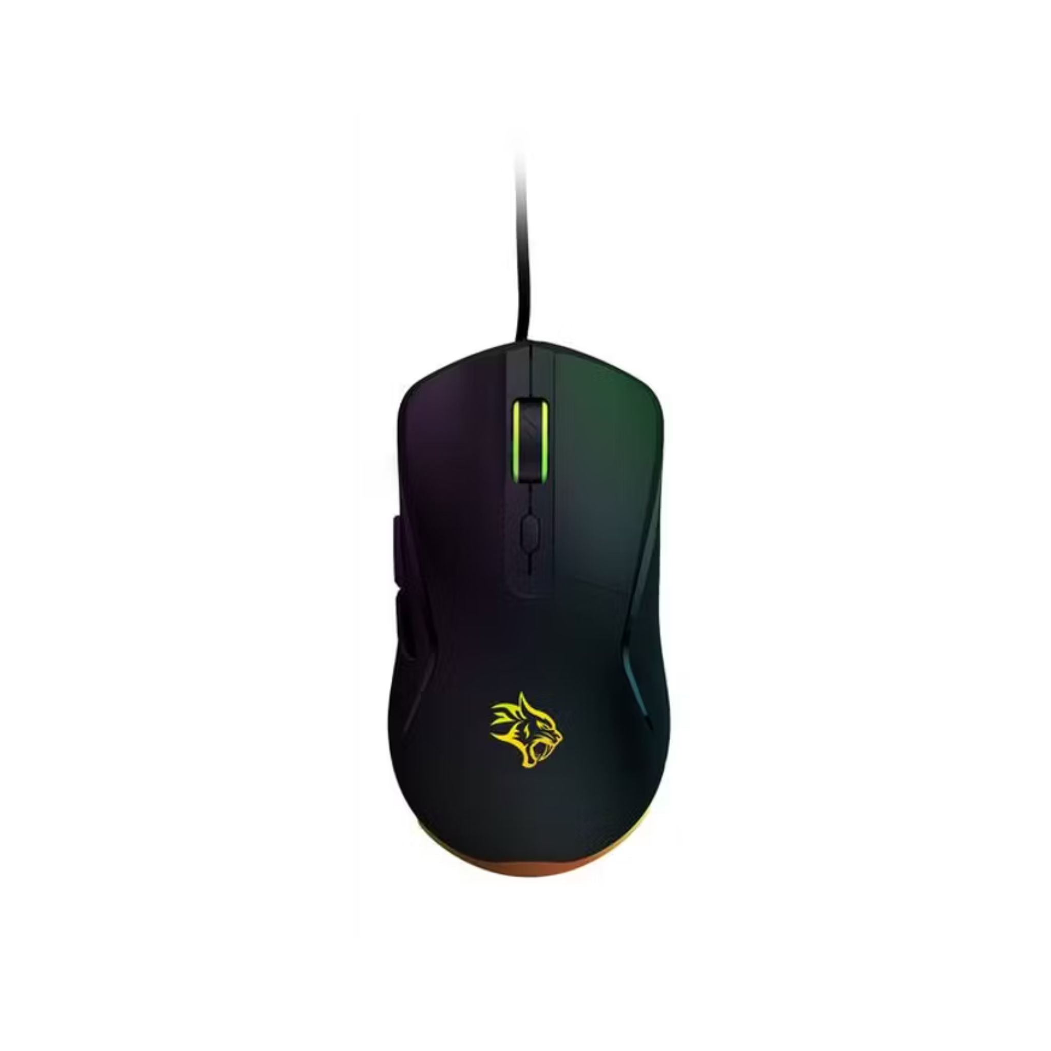Black gaming mouse with a logo on a white background