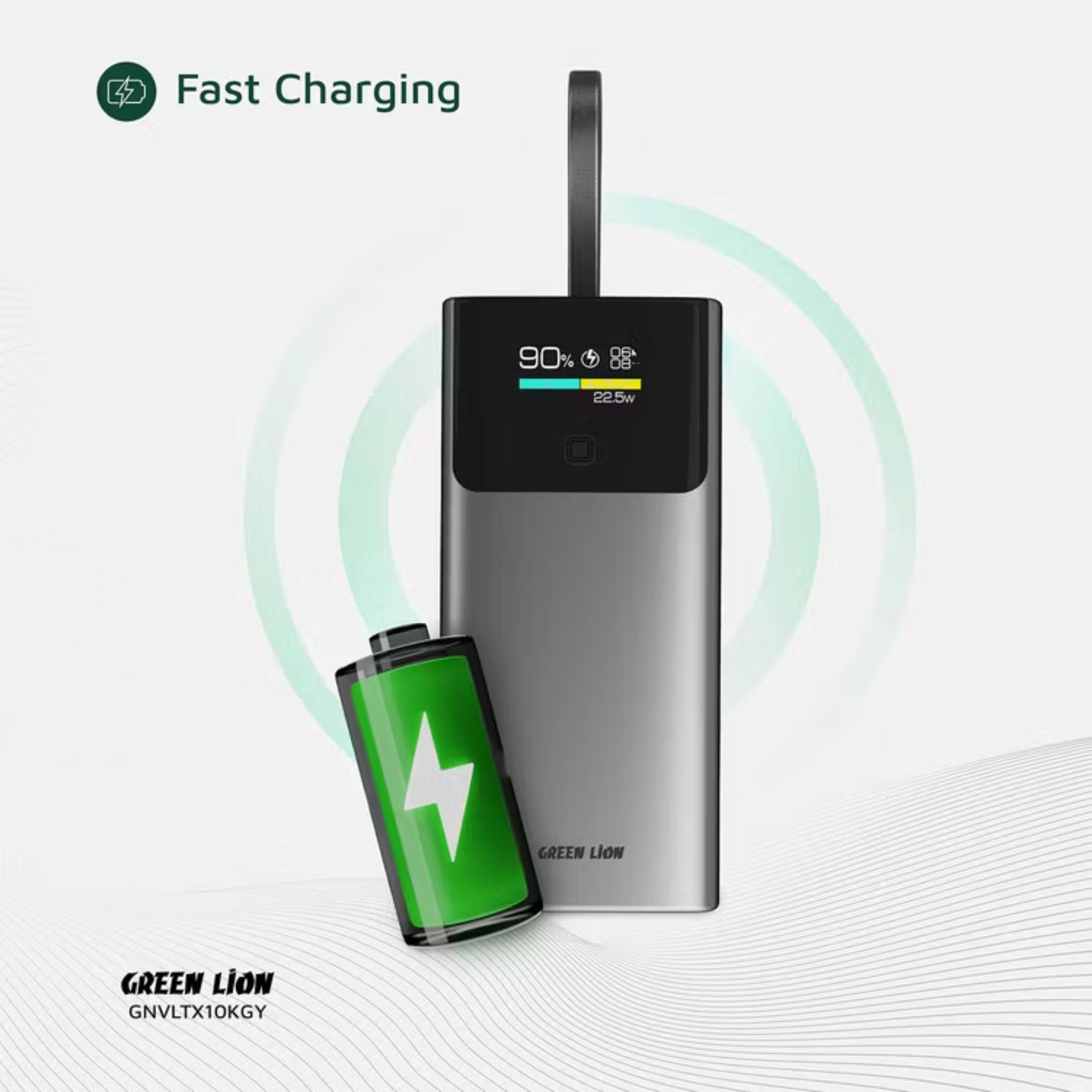 Green Lion Voltix 10000mAh Power Bank with TFT Display, Exquisite Appearance, Type-C Cable Strap, Fast Charging, Lightweight Design, 22.5W Total Output - Gray