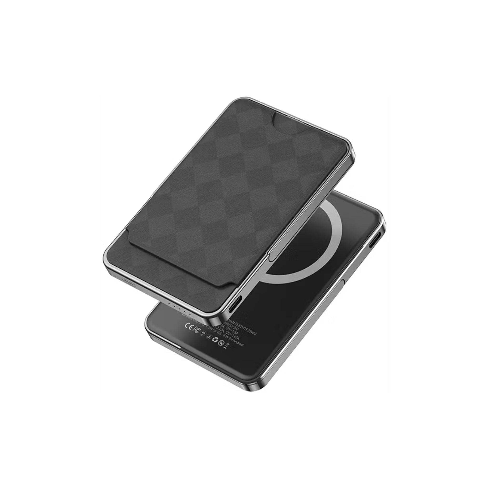 Two black phone cases with geometric patterns on a white background