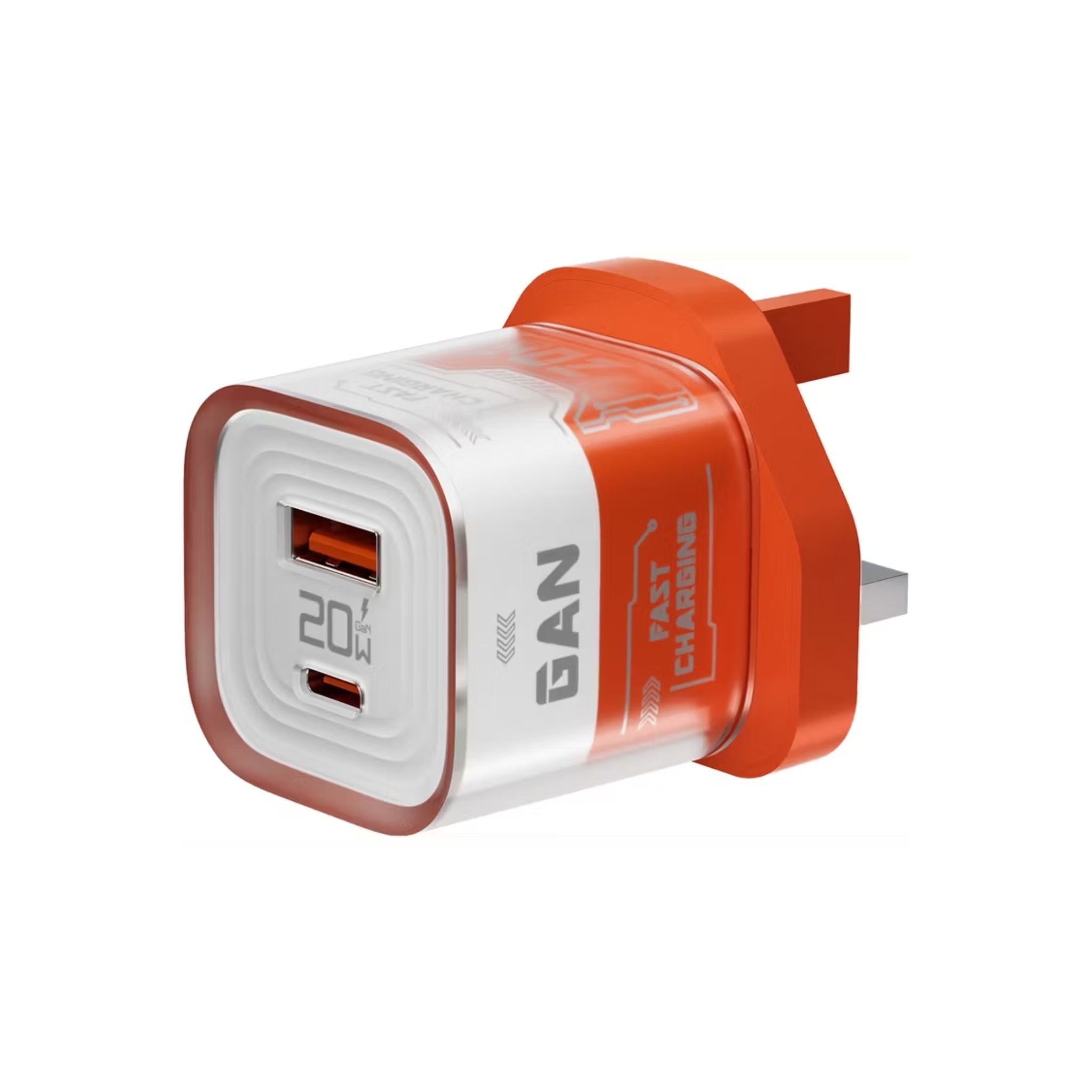 Porodo Crystal Shell GaN Wall Charger with 1.2m USB-C to Lightning Cable, Simultaneous Charging, 20W Power Delivery, Overheat Protection, 18W USB-A Output - Orange