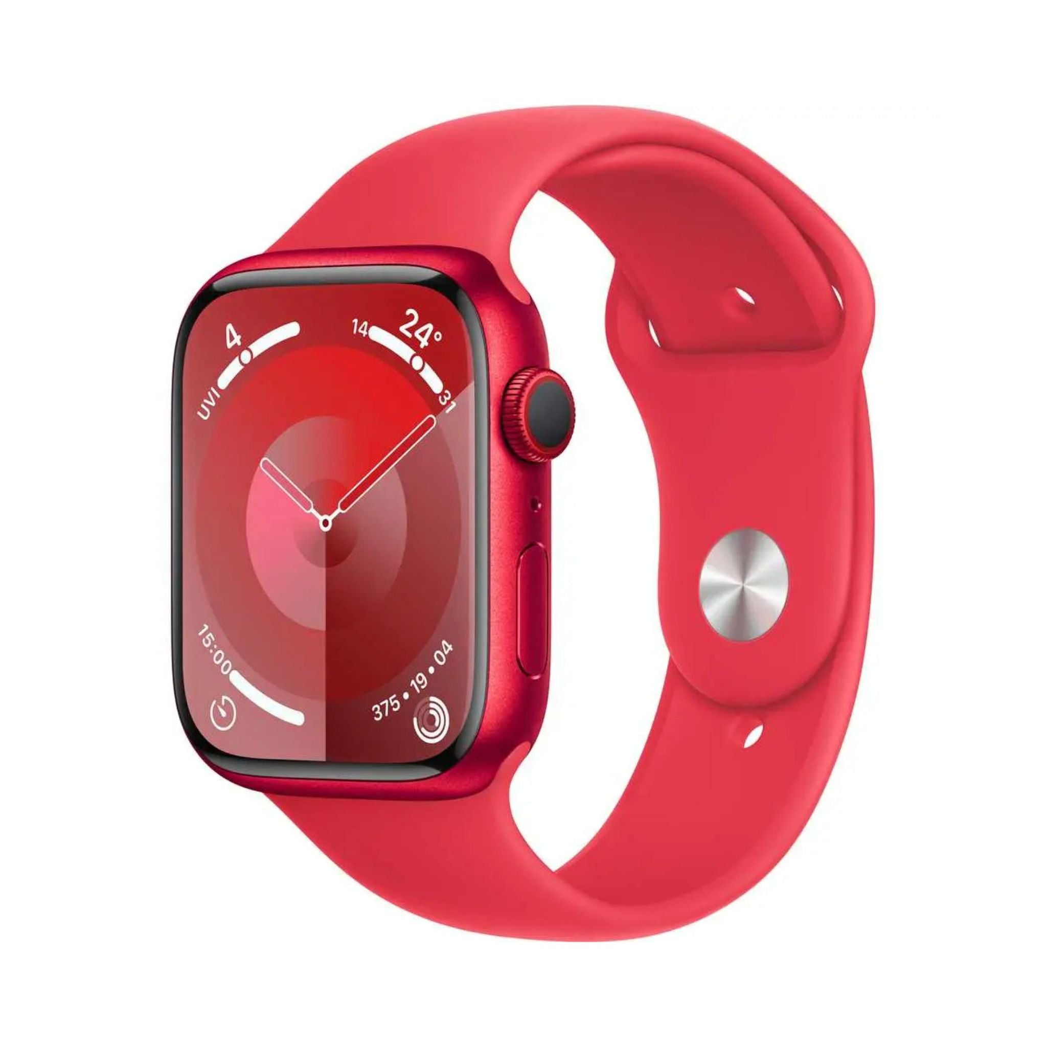 Red smartwatch with a red band on a white background