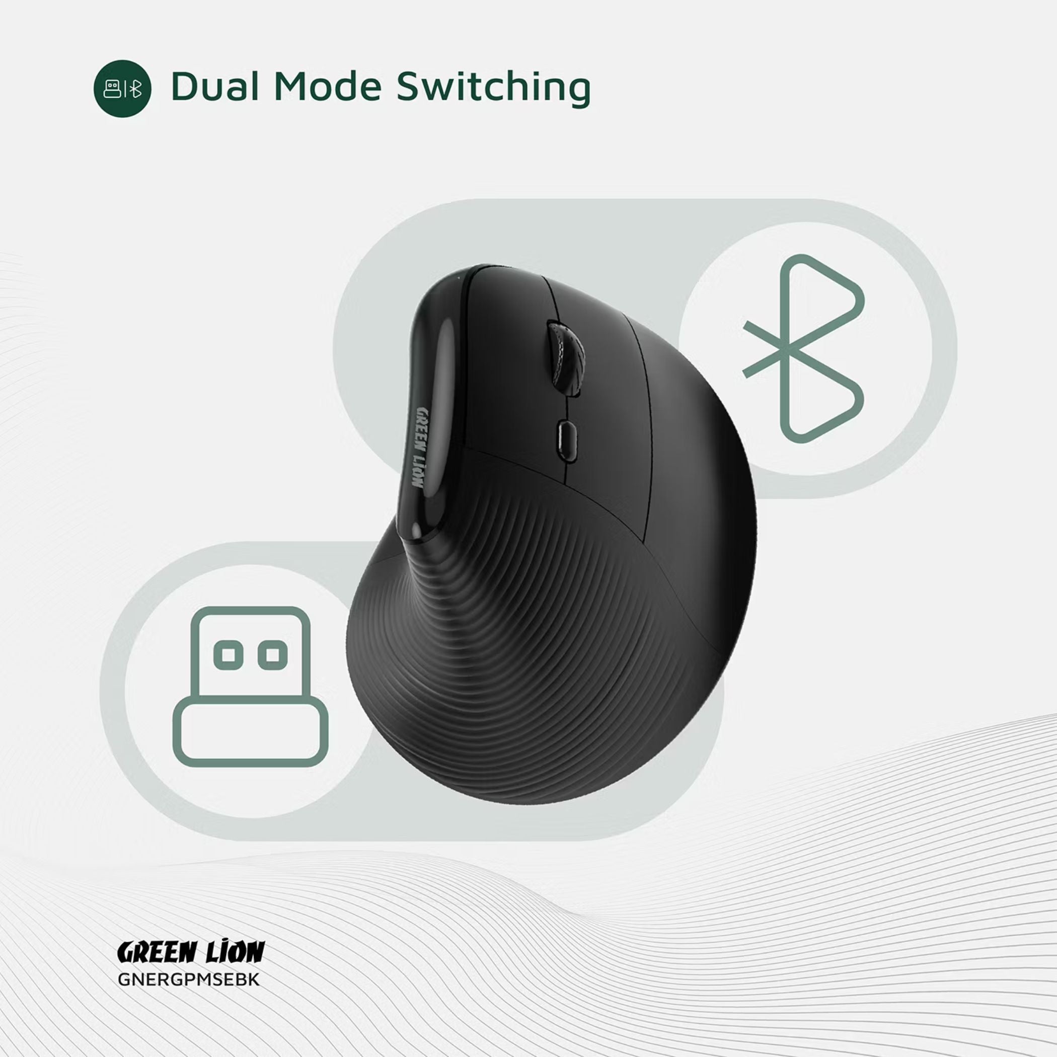 Green Lion Ergo Grip Vertical Mouse with Adjustable DPI, Multi-Device Pairing, 2 Hours Charging Time, 30 Hours Working Time, 60cm Type-C Cable Length, 10m Transmission Distance - Black