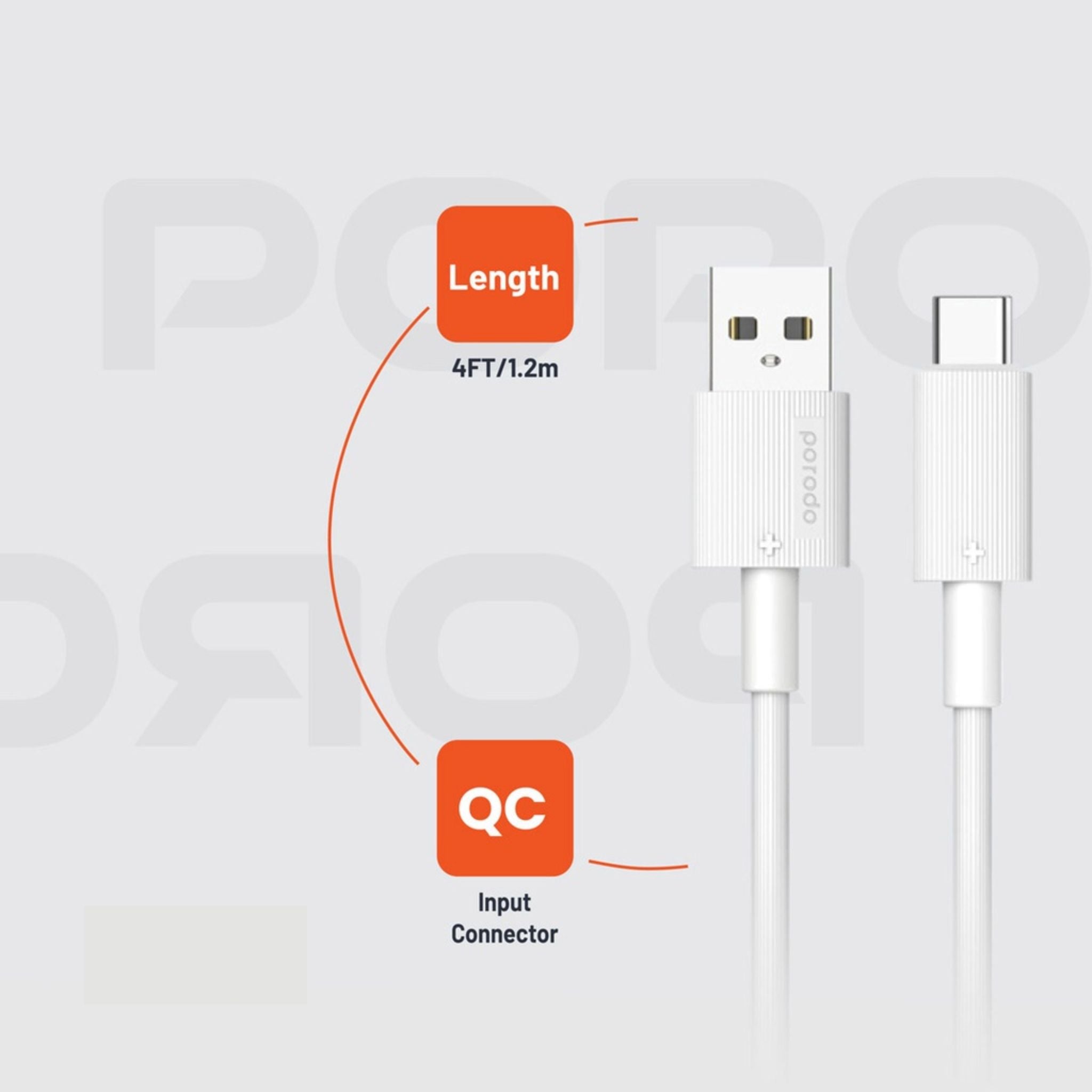 Porodo USB-A to USB-C PVC Cable, 480Mbps Transfer Speed, more than 15000 Bends Life Span, 1.2m Cable length, Tangle Free - White