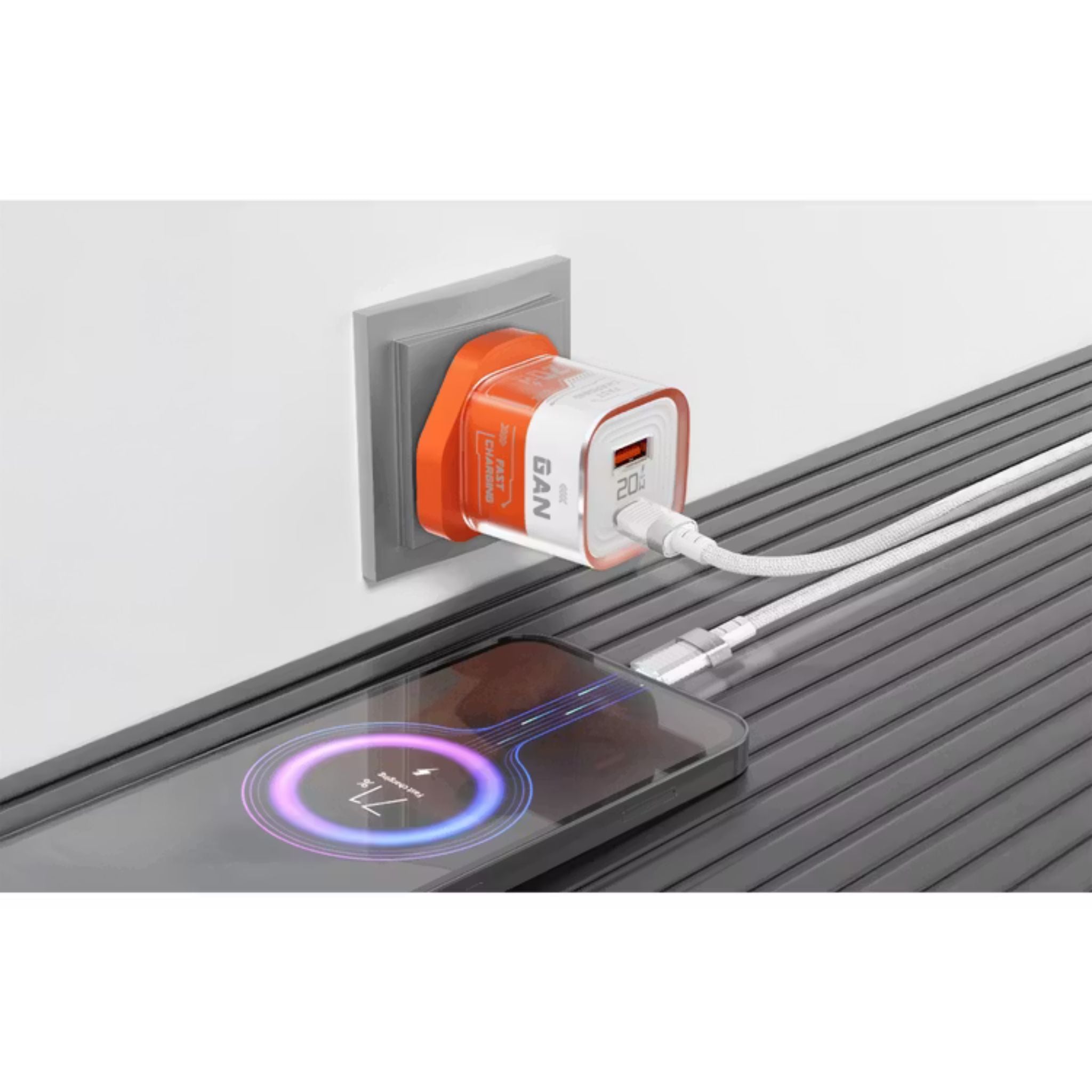 Porodo Crystal Shell GaN Wall Charger with 1.2m USB-C to Lightning Cable, Simultaneous Charging, 20W Power Delivery, Overheat Protection, 18W USB-A Output - Orange