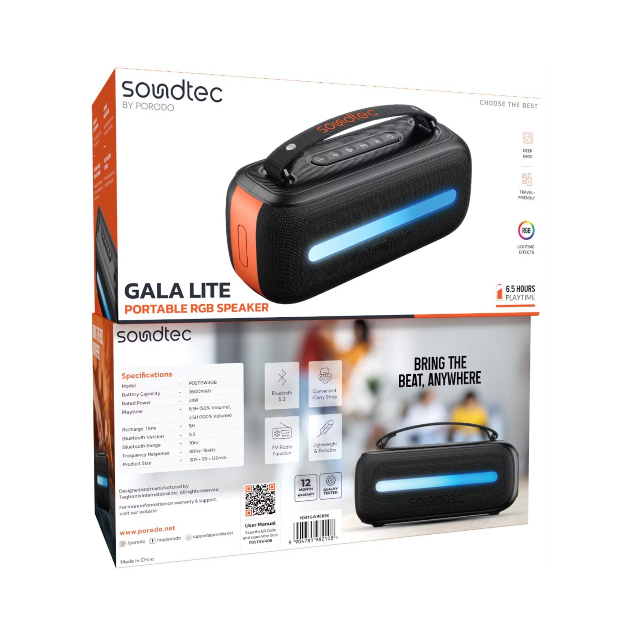 Porodo Soundtec Gala Lite Portable RGB Speaker with Wireless Microphone, Up to 6.5 Hours Play Time, FM Radio Function, Multi-Function Control, 24W Rated Power, 3600mAh Battery, Immersive Stereo Sound, Bluetooth Version 5.3 - Black