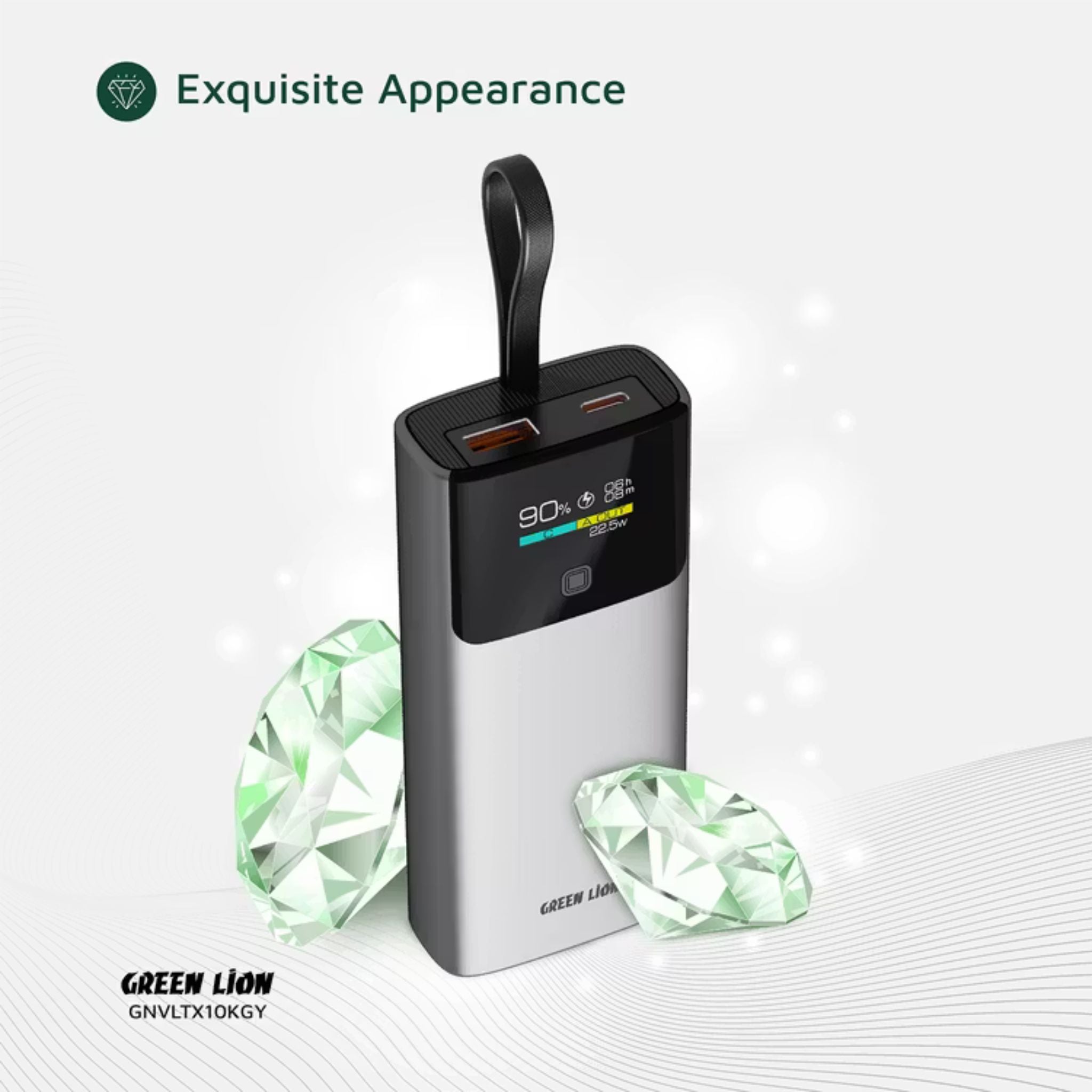 Green Lion Voltix 10000mAh Power Bank with TFT Display, Exquisite Appearance, Type-C Cable Strap, Fast Charging, Lightweight Design, 22.5W Total Output - Gray