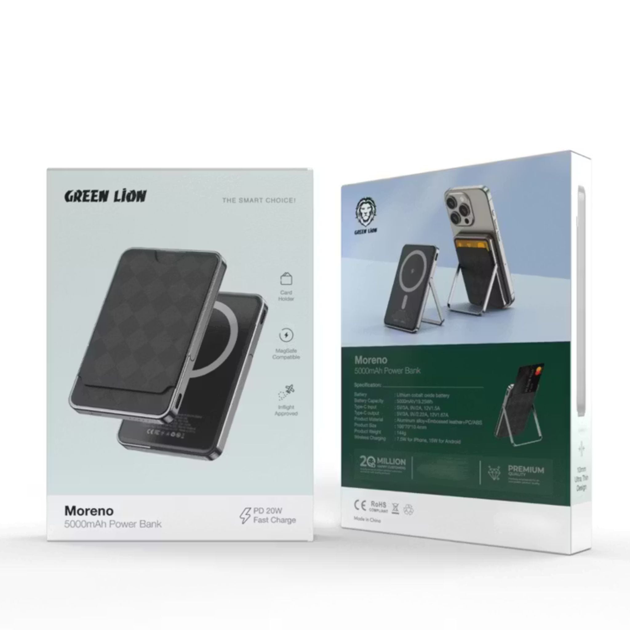 Green Lion Moreno 5000 mAh Power Bank, Built-in Card Holder, Ultra-Thin Design, Inflight Approved, Magsafe Compatible - Black