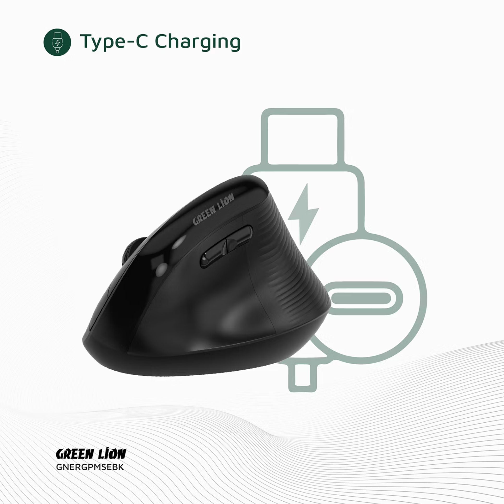Green Lion Ergo Grip Vertical Mouse with Adjustable DPI, Multi-Device Pairing, 2 Hours Charging Time, 30 Hours Working Time, 60cm Type-C Cable Length, 10m Transmission Distance - Black