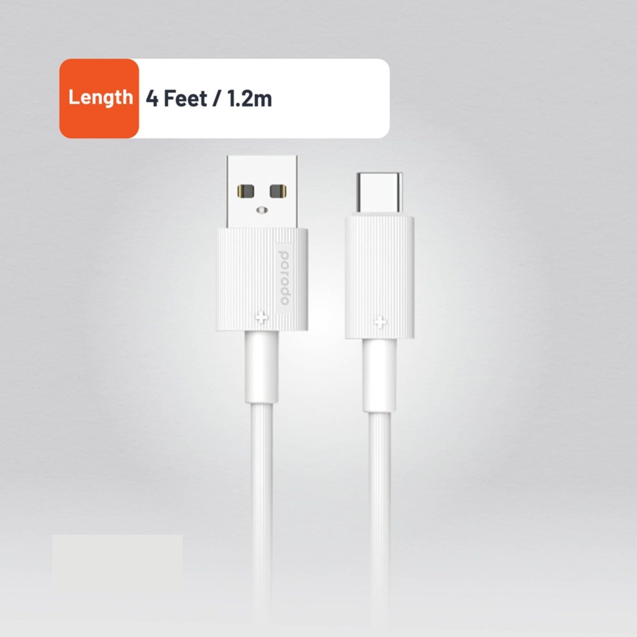 Porodo USB-A to USB-C PVC Cable, 480Mbps Transfer Speed, more than 15000 Bends Life Span, 1.2m Cable length, Tangle Free - White