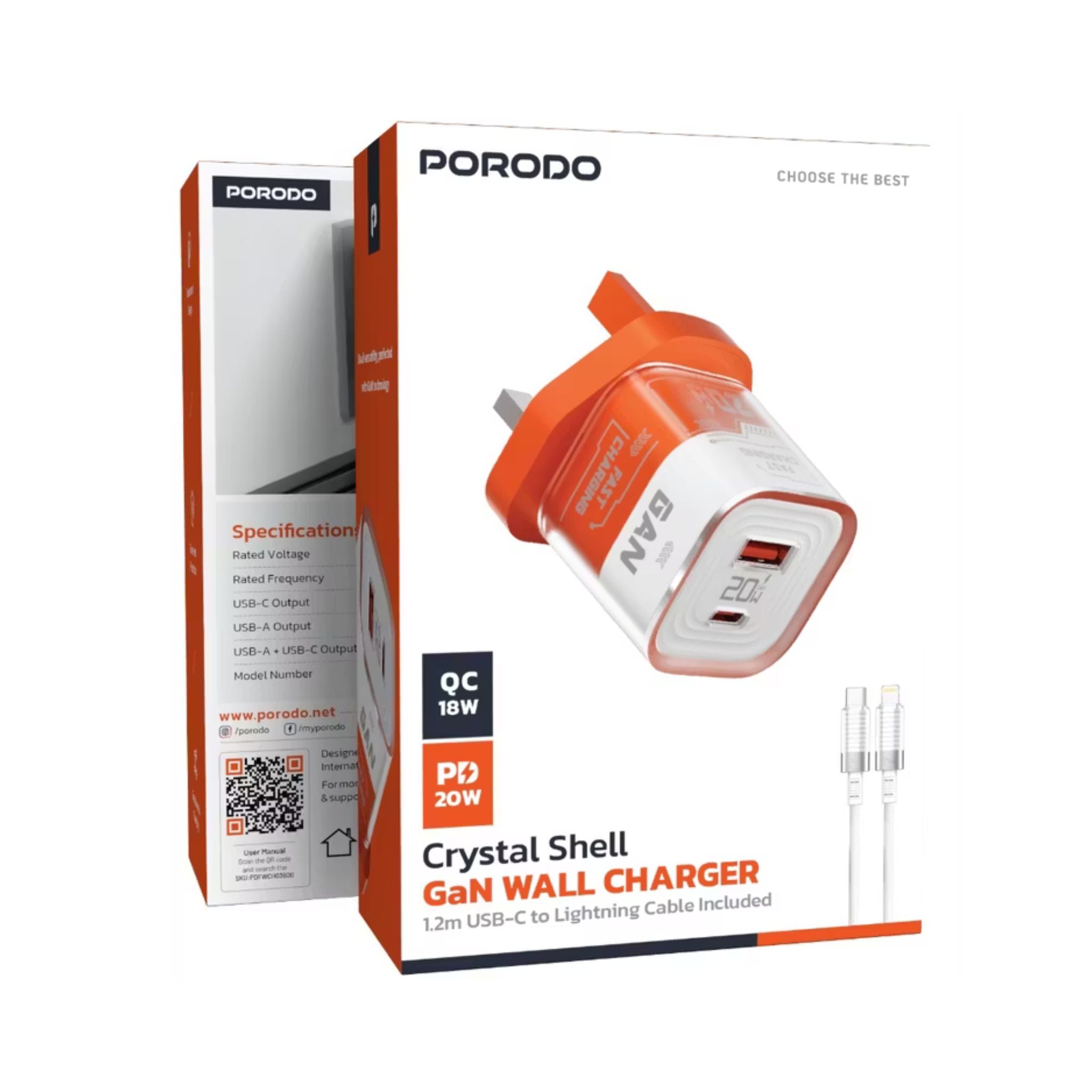 Porodo Crystal Shell GaN Wall Charger with 1.2m USB-C to Lightning Cable, Simultaneous Charging, 20W Power Delivery, Overheat Protection, 18W USB-A Output - Orange