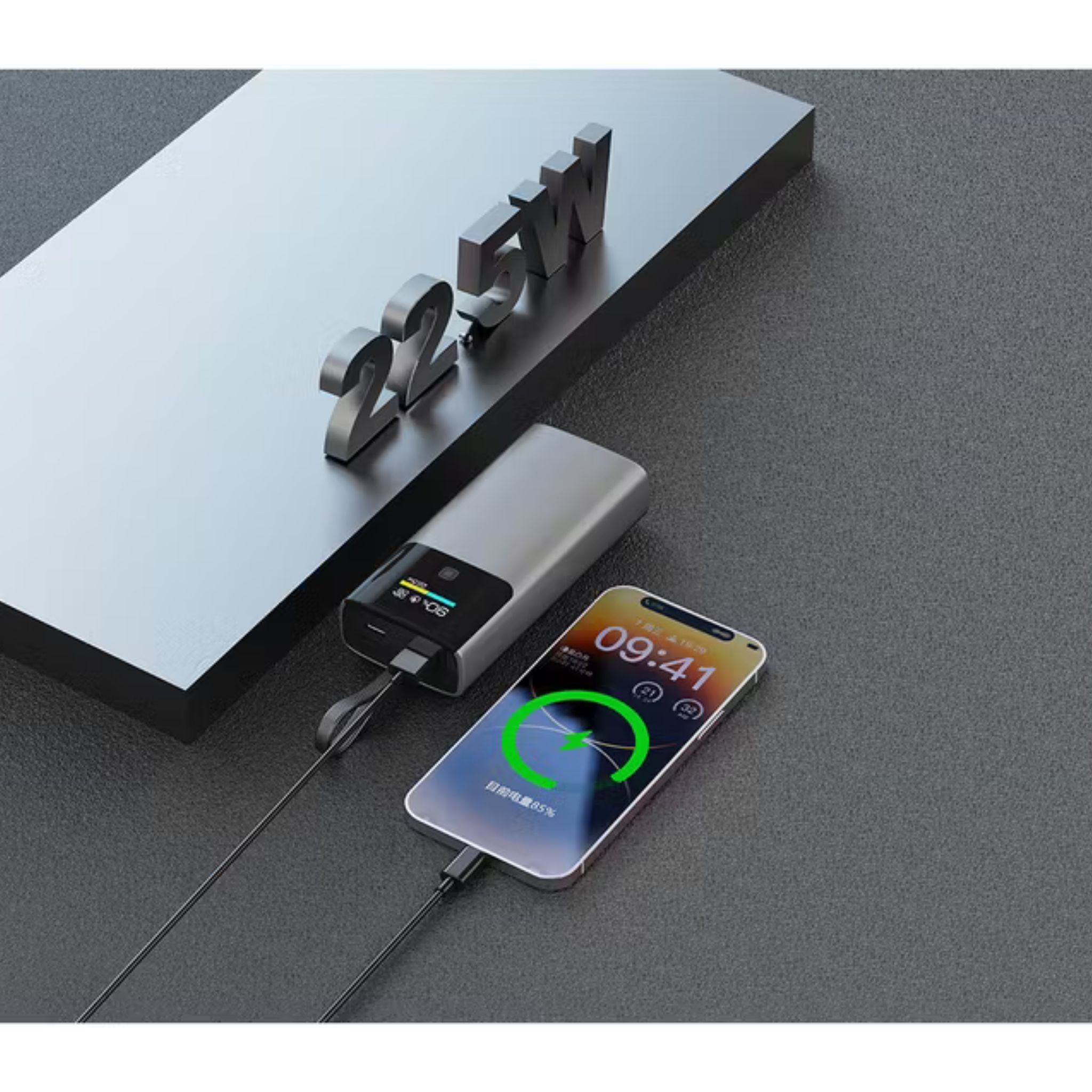 Green Lion Voltix 10000mAh Power Bank with TFT Display, Exquisite Appearance, Type-C Cable Strap, Fast Charging, Lightweight Design, 22.5W Total Output - Gray