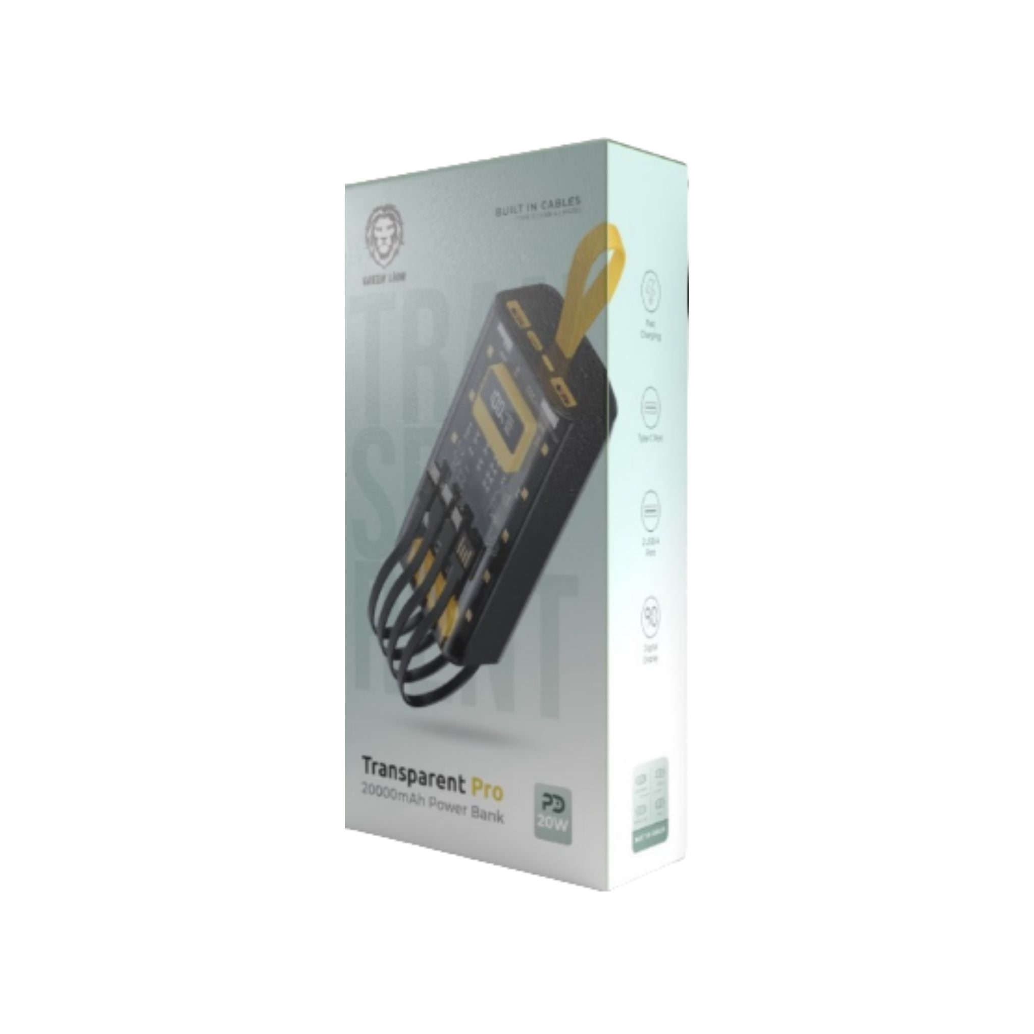 Green Lion Transparent Pro Power Bank 10000 mAh, PD 20W, Fast Charging, Micro & Type-C & Lightning & USB- A Built-in Cables, Digital Display - Black / Yellow