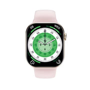 Smartwatch with a pink band and green display on a white background