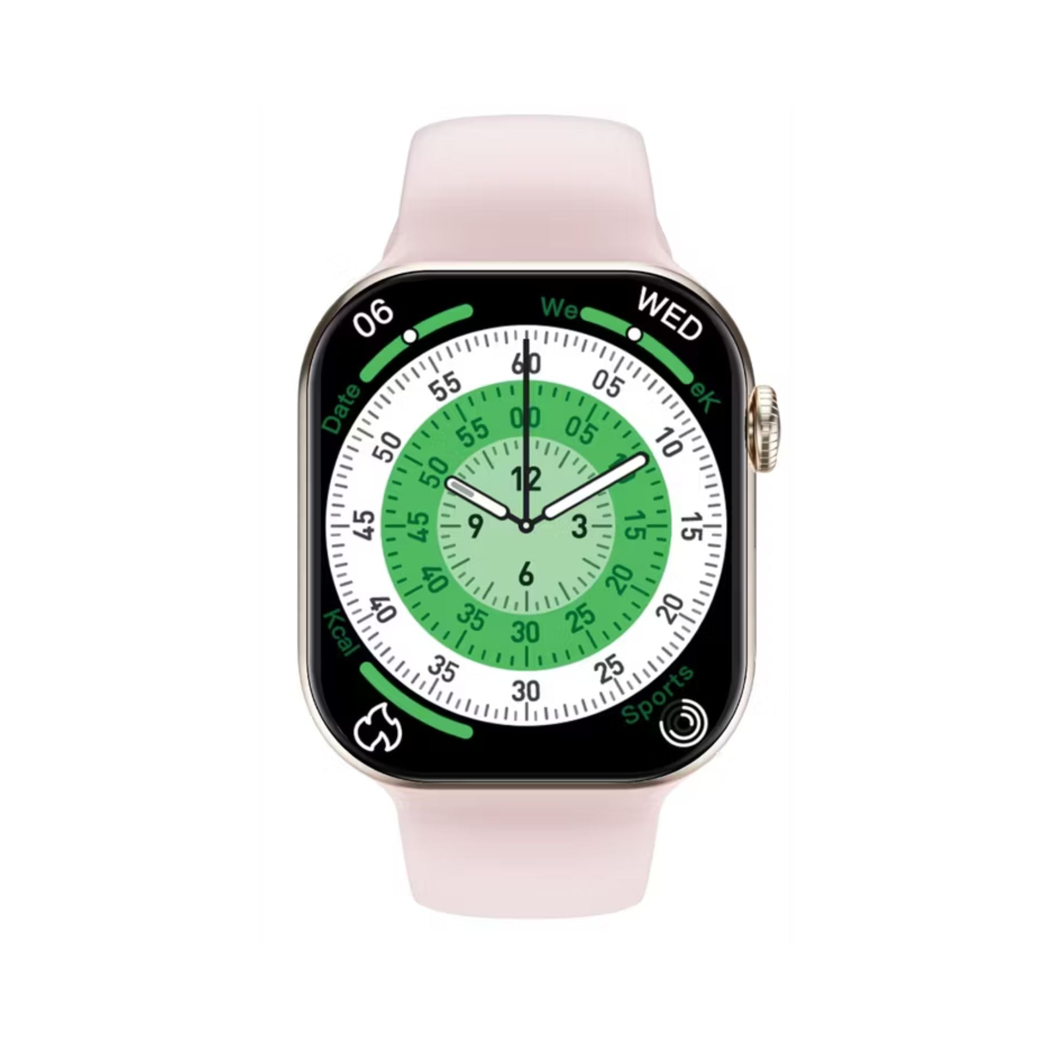Smartwatch with a pink band and green display on a white background
