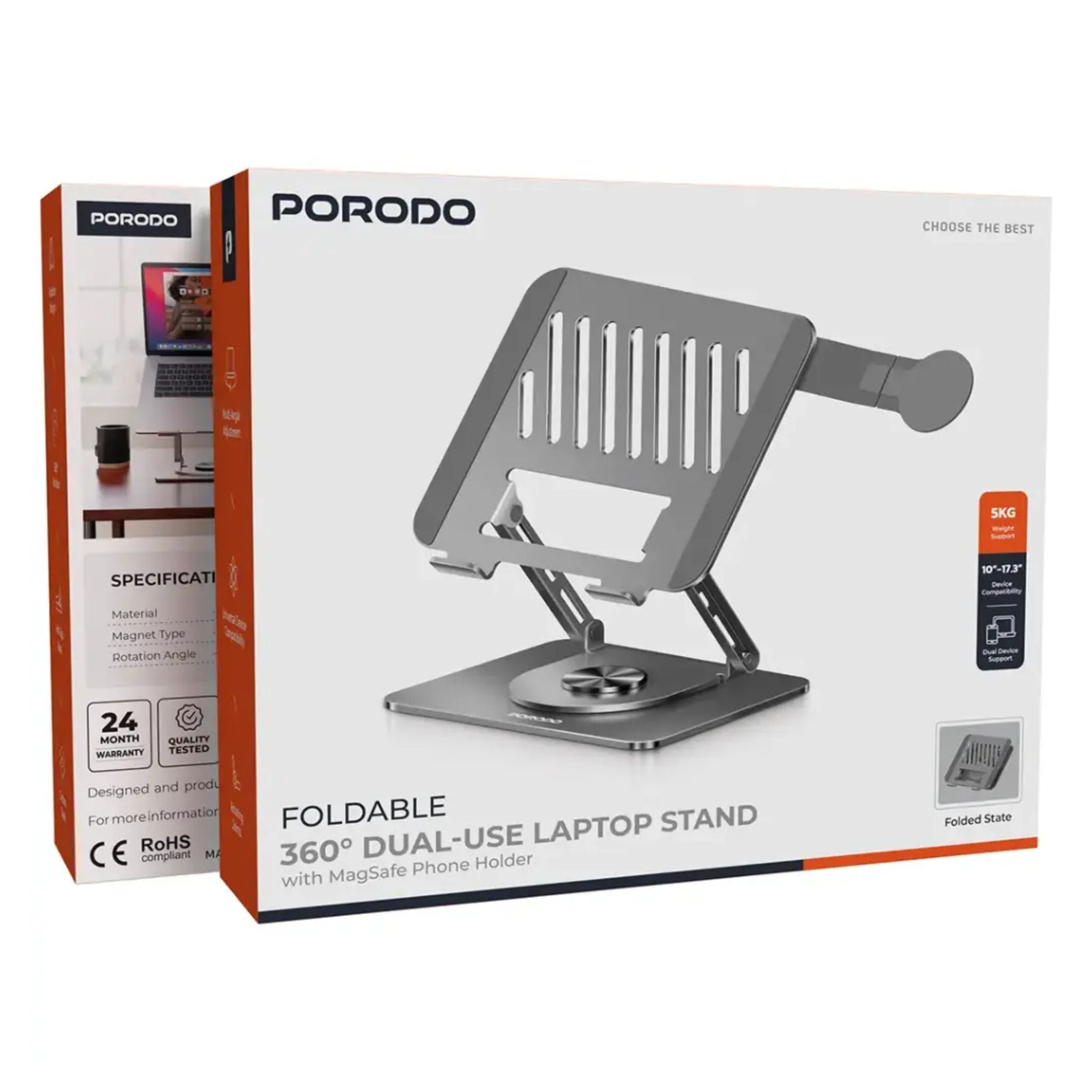 Porodo Foldable 360° Dual-Use Laptop Stand with MagSafe Phone Holder - Gray
