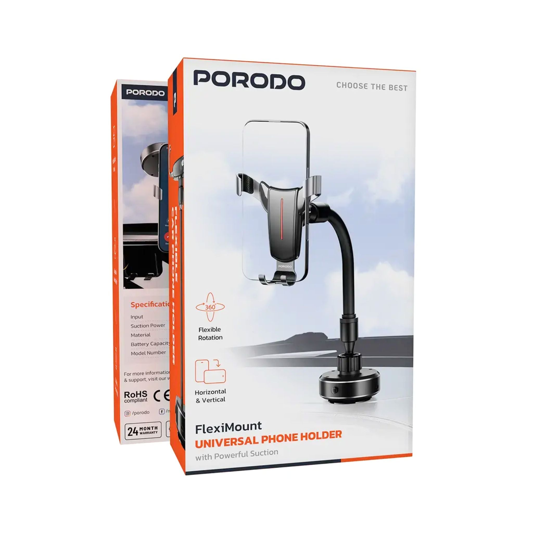 Porodo FlexiMount Universal Phone Holder with Powerful Suction & Flexible Rotation / Stable & Secure Hold / Multi Surface Mount / Horizontal & Vertical / 100 mAh Battery Capacity - Black