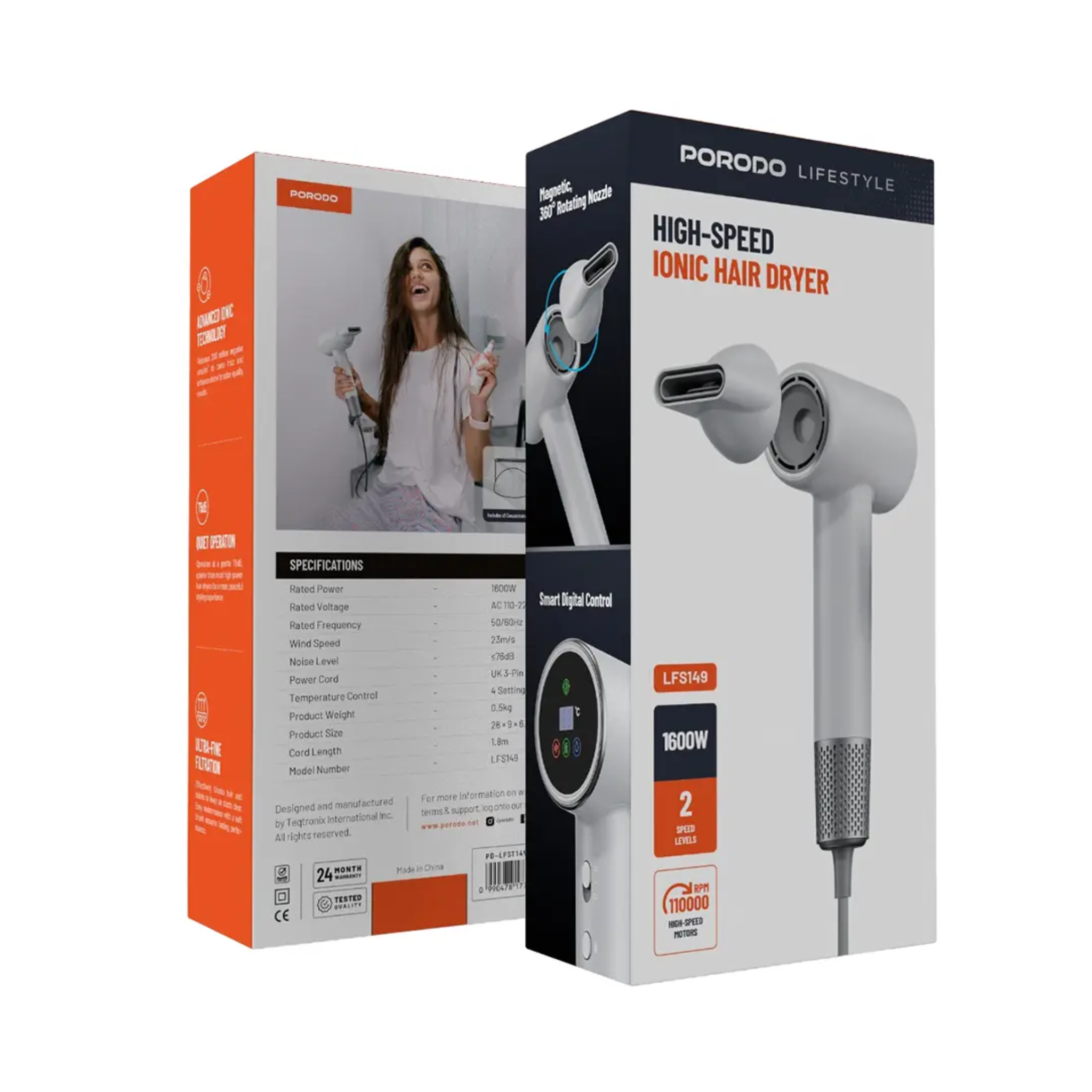 Porodo Lifestyle High-Speed Ionic Hair Dryer with Magnetic and 360° Rotating Nozzle, 1600W Power, 2 Speed Levels, 3-Pin UK Plug, 1.8m Cord Length, Quiet Operation - White