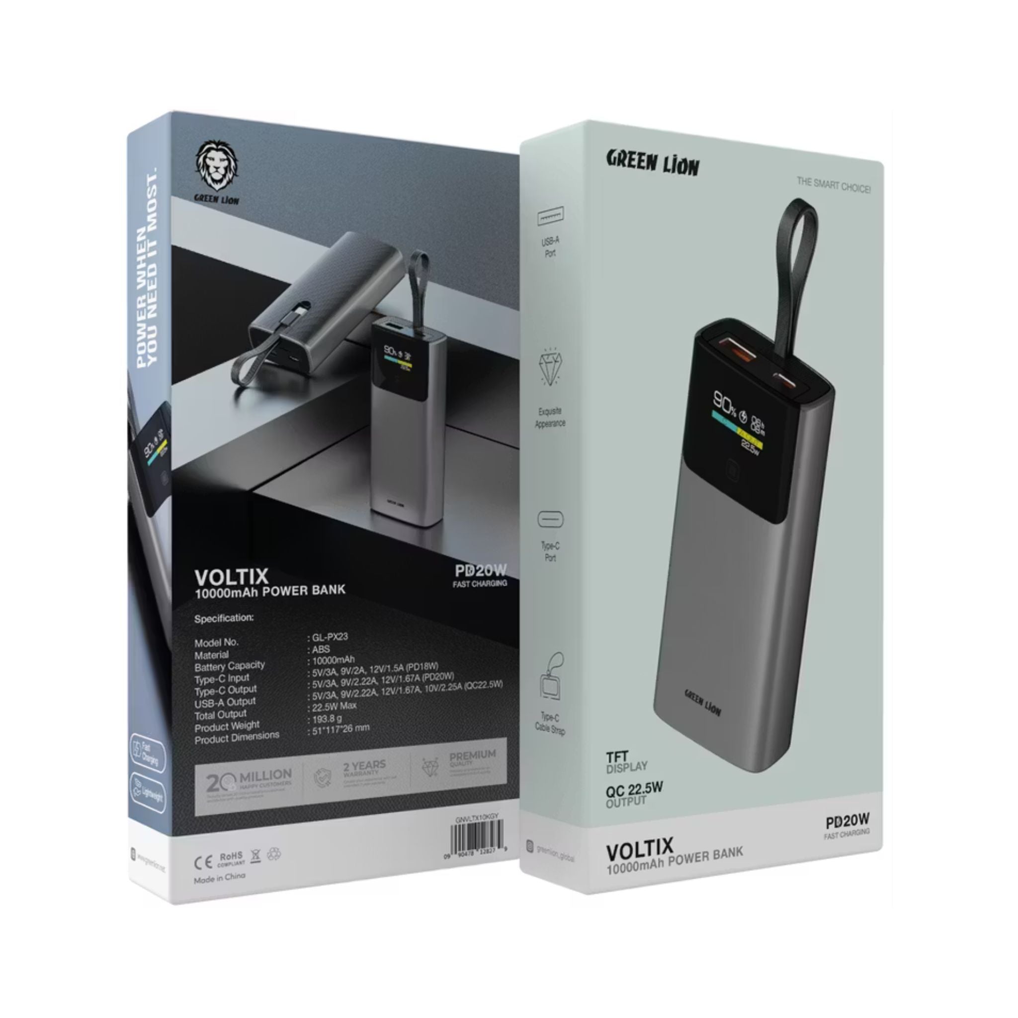 Green Lion Voltix 10000mAh Power Bank with TFT Display, Exquisite Appearance, Type-C Cable Strap, Fast Charging, Lightweight Design, 22.5W Total Output - Gray