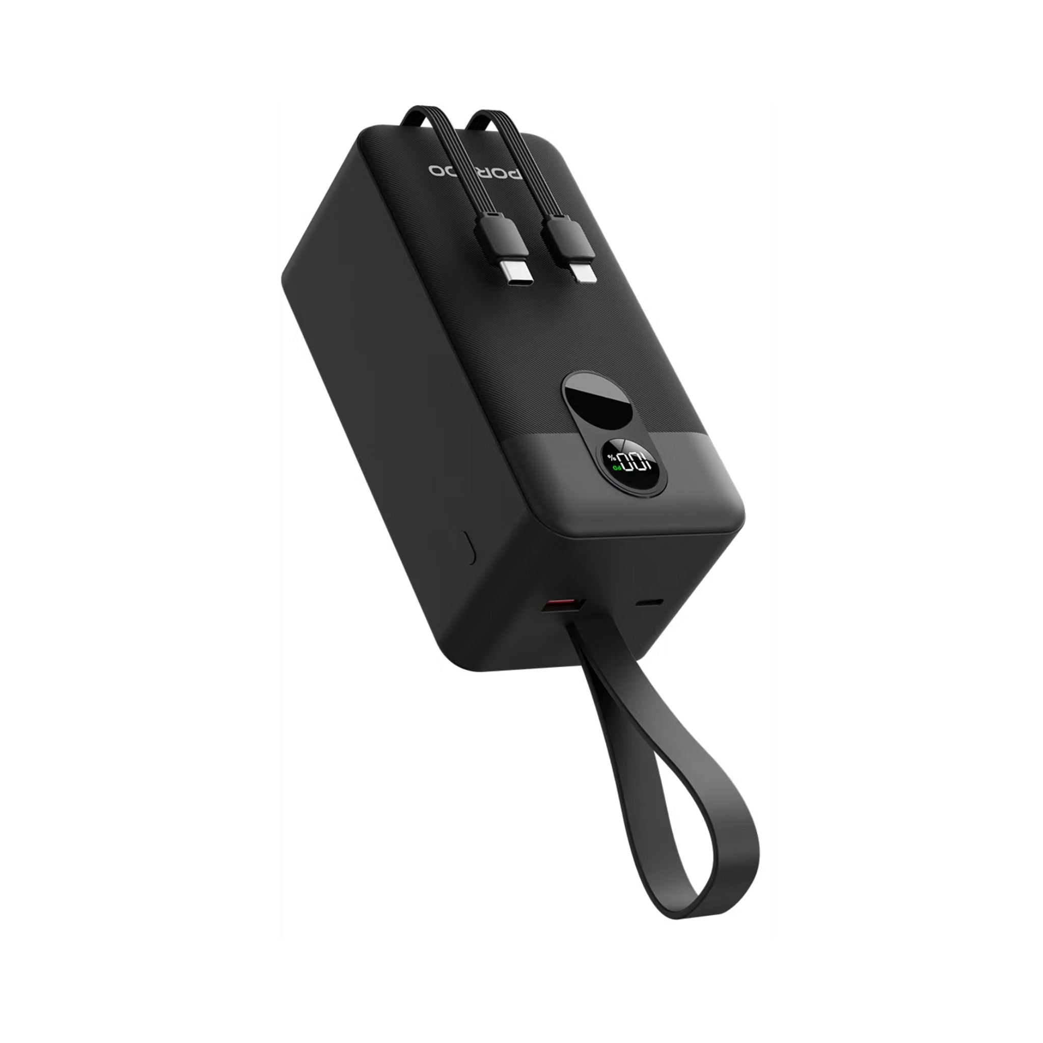 Porodo 50000mAh Power Bank with Built-in Type-C & Lightning Cables, 22.5W Power Delivery, Simultaneous Charging, 0%-60% Charge in 35 Minutes, Digital Display - Black