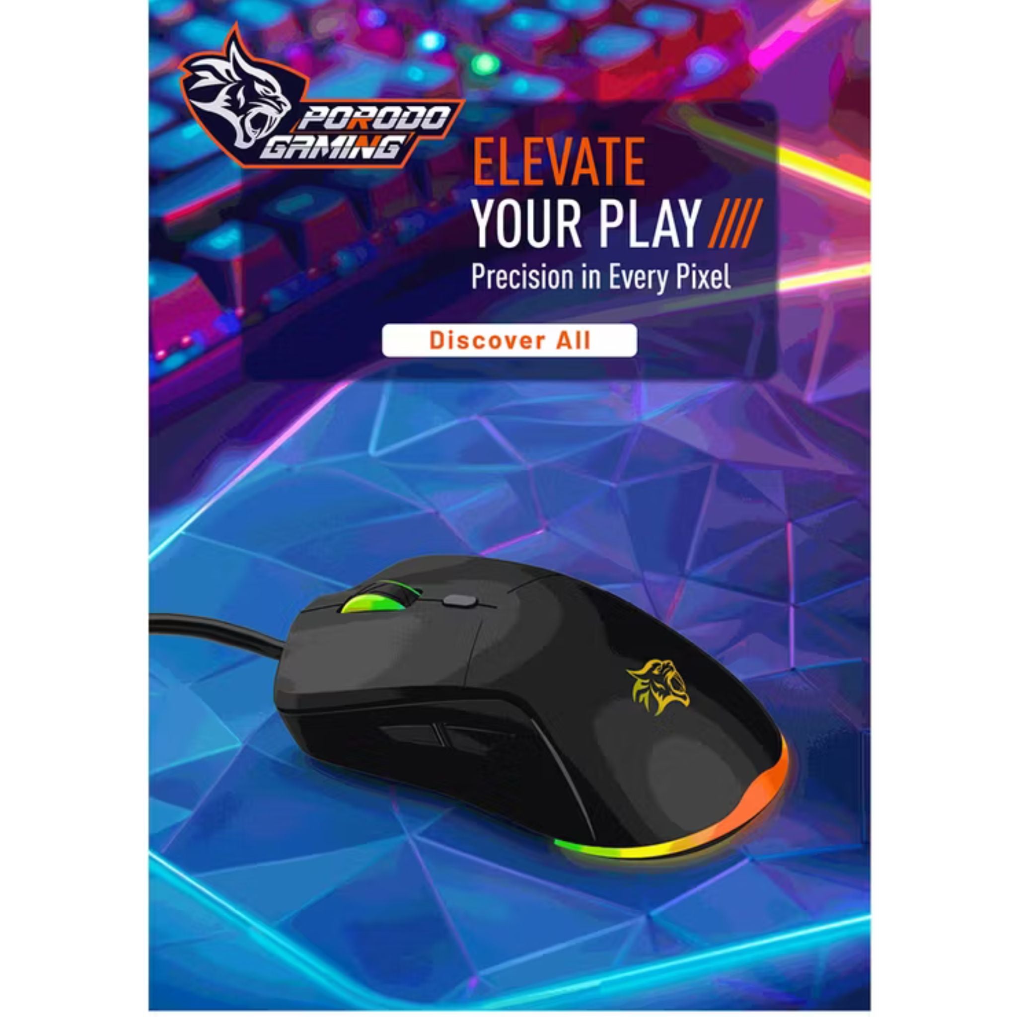 Porodo Gaming Wired Mouse with RGB Light, 7200 DPI, 3 Million Clicks Switch Life-time, 6 Programmable Buttons, 1.5m Braided Cable, 125Hz Polling Rate, Instant 725F Chip - Black