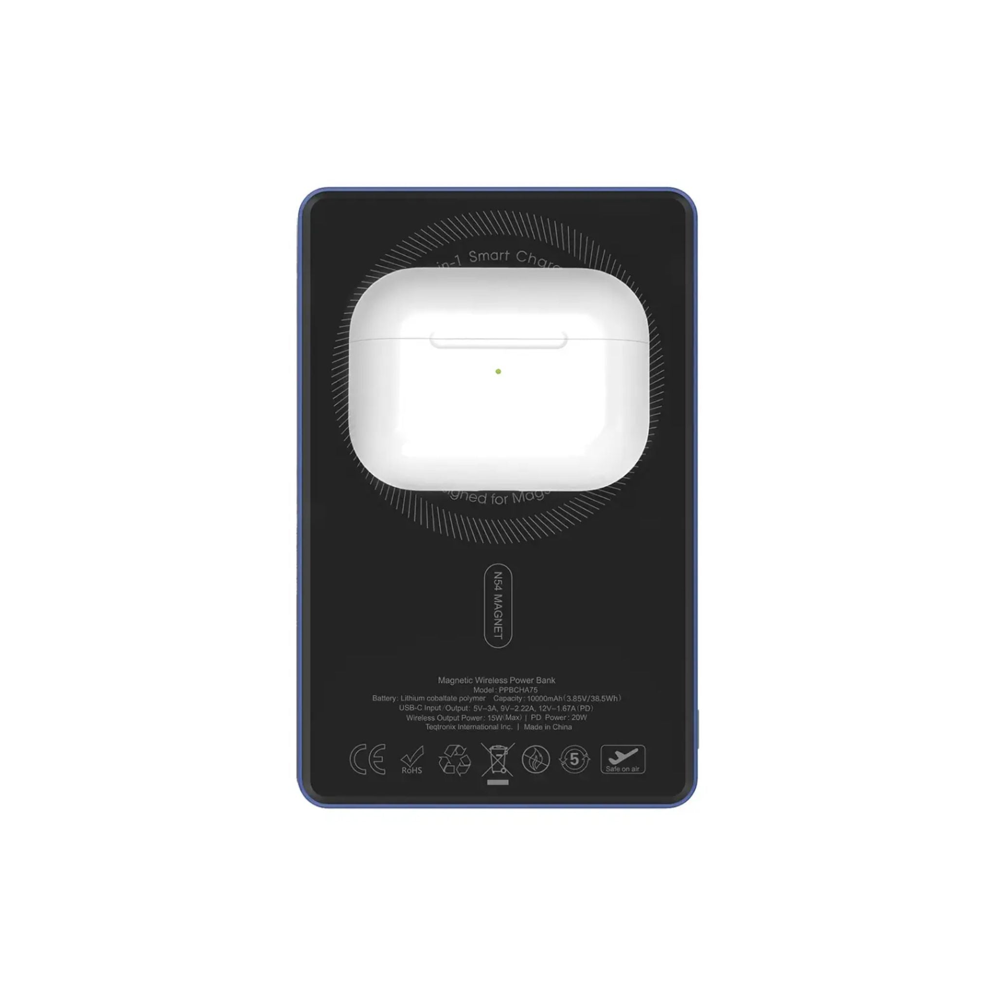 Powerology MagVolt 10000mAh Power Bank, 2.5W Watch Output, Up to 15W Phone Output, 20W Power Delivery, Ultra-Slim Design, Smart TFT Display, N54 MagSafe Compatible - Blue