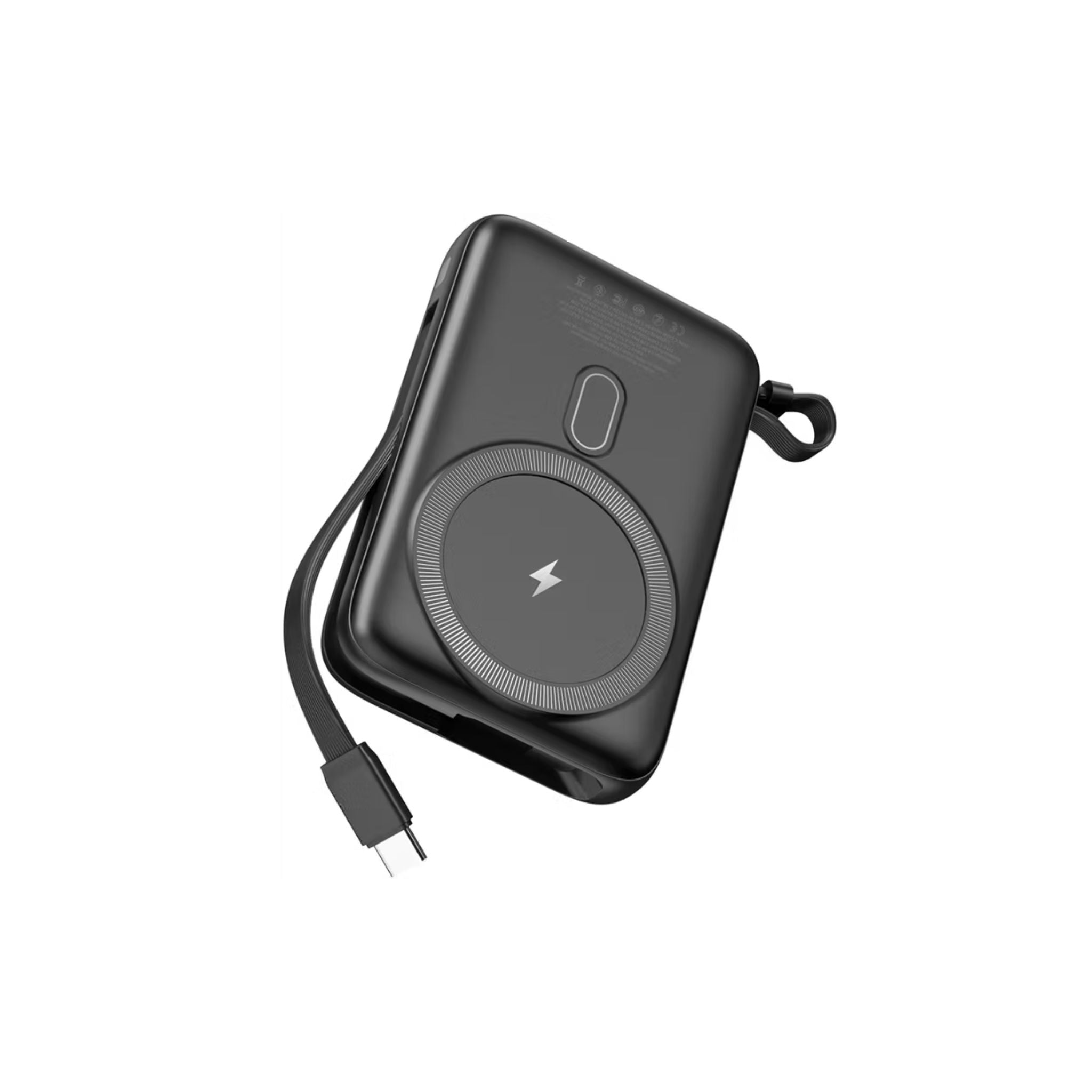 Black portable charger with cable on a white background