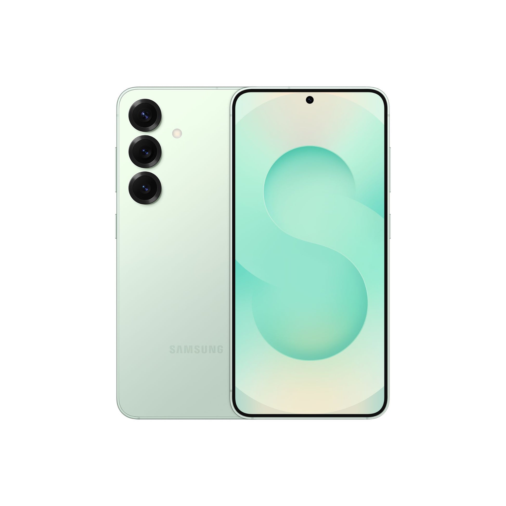 SAMSUNG Galaxy S25 smartphone in mint color, displaying its front screen and rear camera setup.