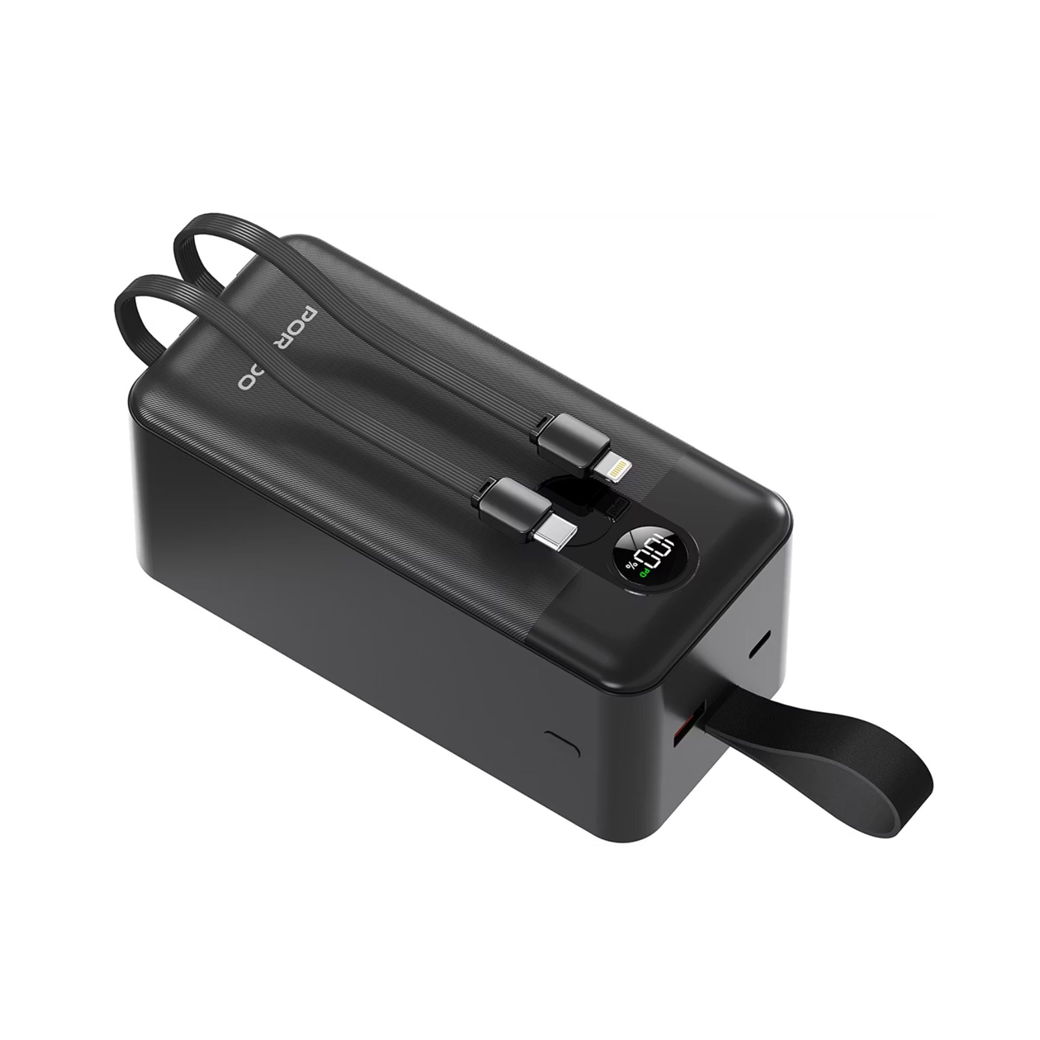 Porodo 50000mAh Power Bank with Built-in Type-C & Lightning Cables, 22.5W Power Delivery, Simultaneous Charging, 0%-60% Charge in 35 Minutes, Digital Display - Black