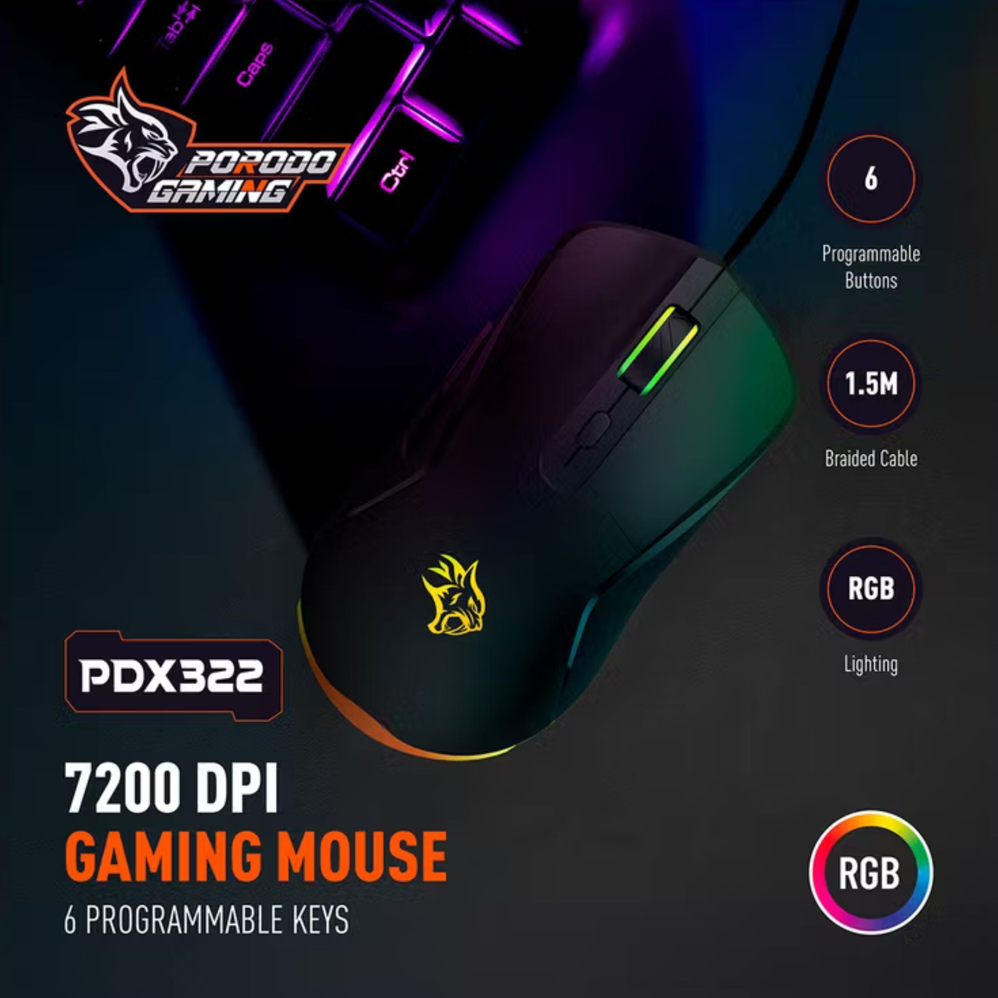 Porodo Gaming Wired Mouse with RGB Light, 7200 DPI, 3 Million Clicks Switch Life-time, 6 Programmable Buttons, 1.5m Braided Cable, 125Hz Polling Rate, Instant 725F Chip - Black