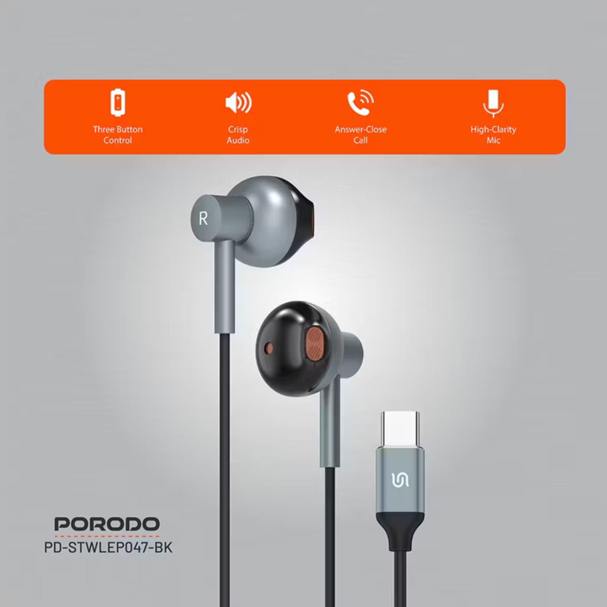 Porodo Soundtec Stereo Earphones with High-Clarity Microphone, Crisp Audio, Type-C Connector, Answer & Close Call, Three-Button Control - Black