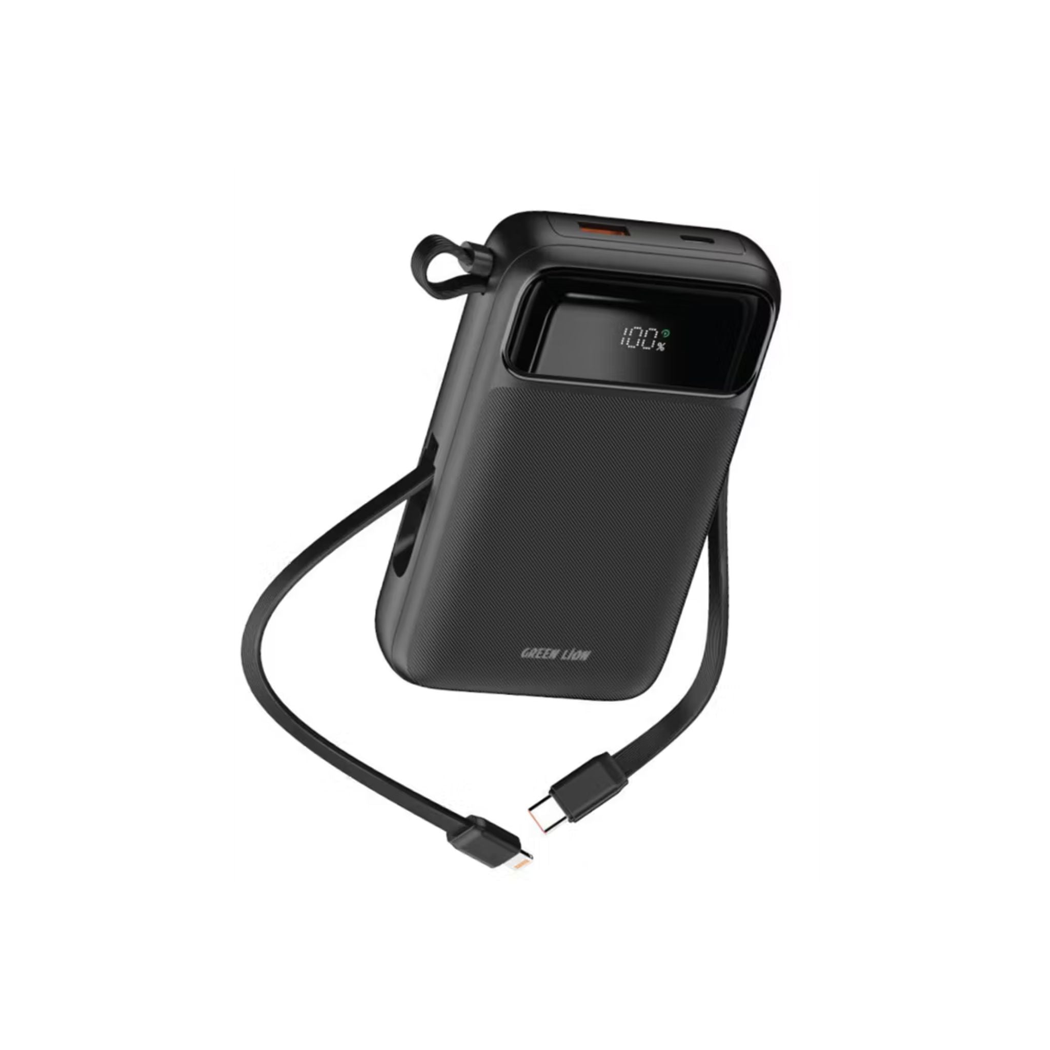 Green Lion Luzern 10000mAh MagSafe Power Bank, Lightweight, LED Display, Built-in Dual Cable USB-C & Lightning, 22.5W USB-A Port, 20W Power Delivery, Up to 15W Wireless Output - Black